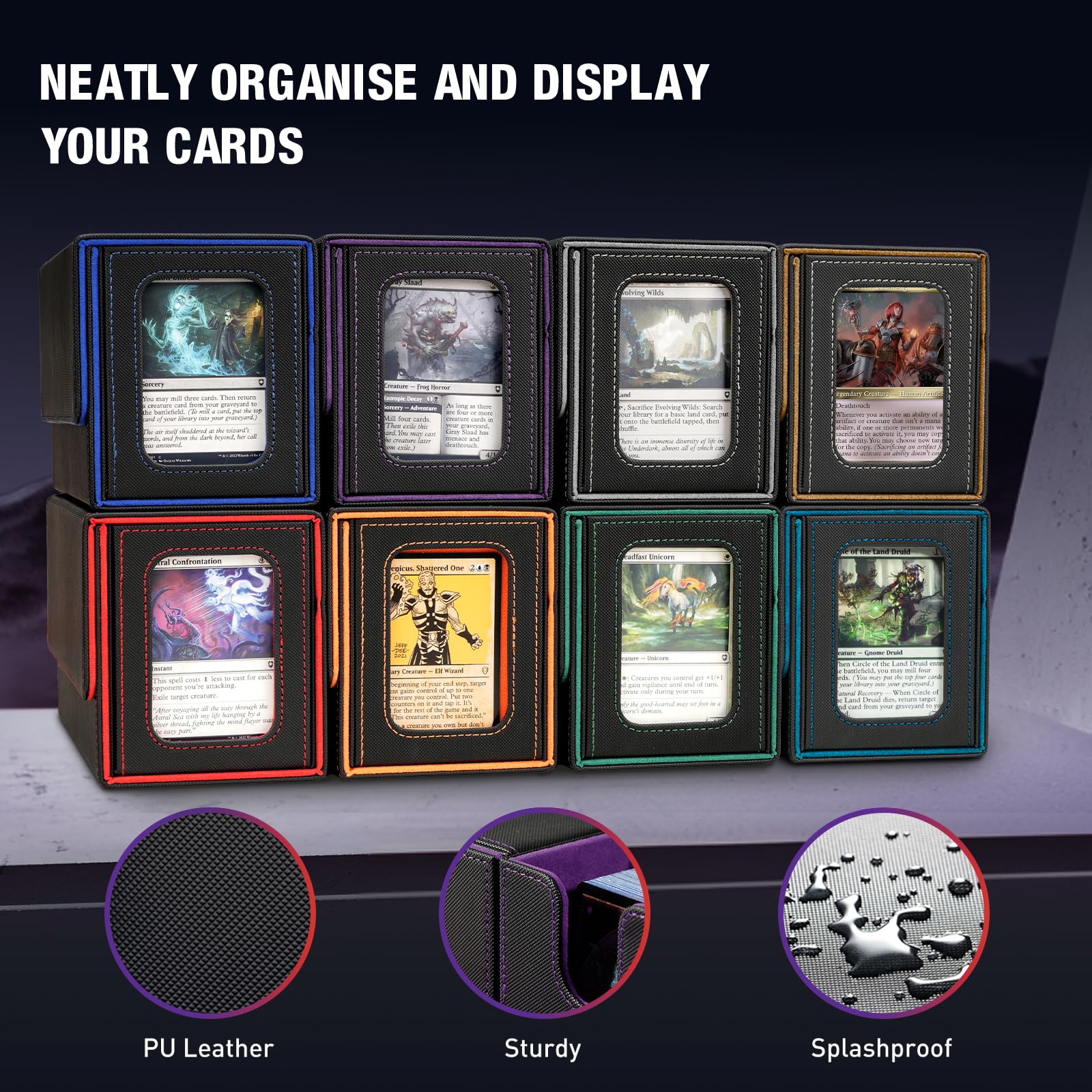 TiMOVO Caja de Cartas para MTG, Soporte Mazo de Cartas para 200+ Cartas de Doble Funda, Deck Box con 2 Expositores & 4 Divisores & Bandeja de Dados para YuGiOh, TCG, CCG Cartas Mágica, Negro & Púrpura