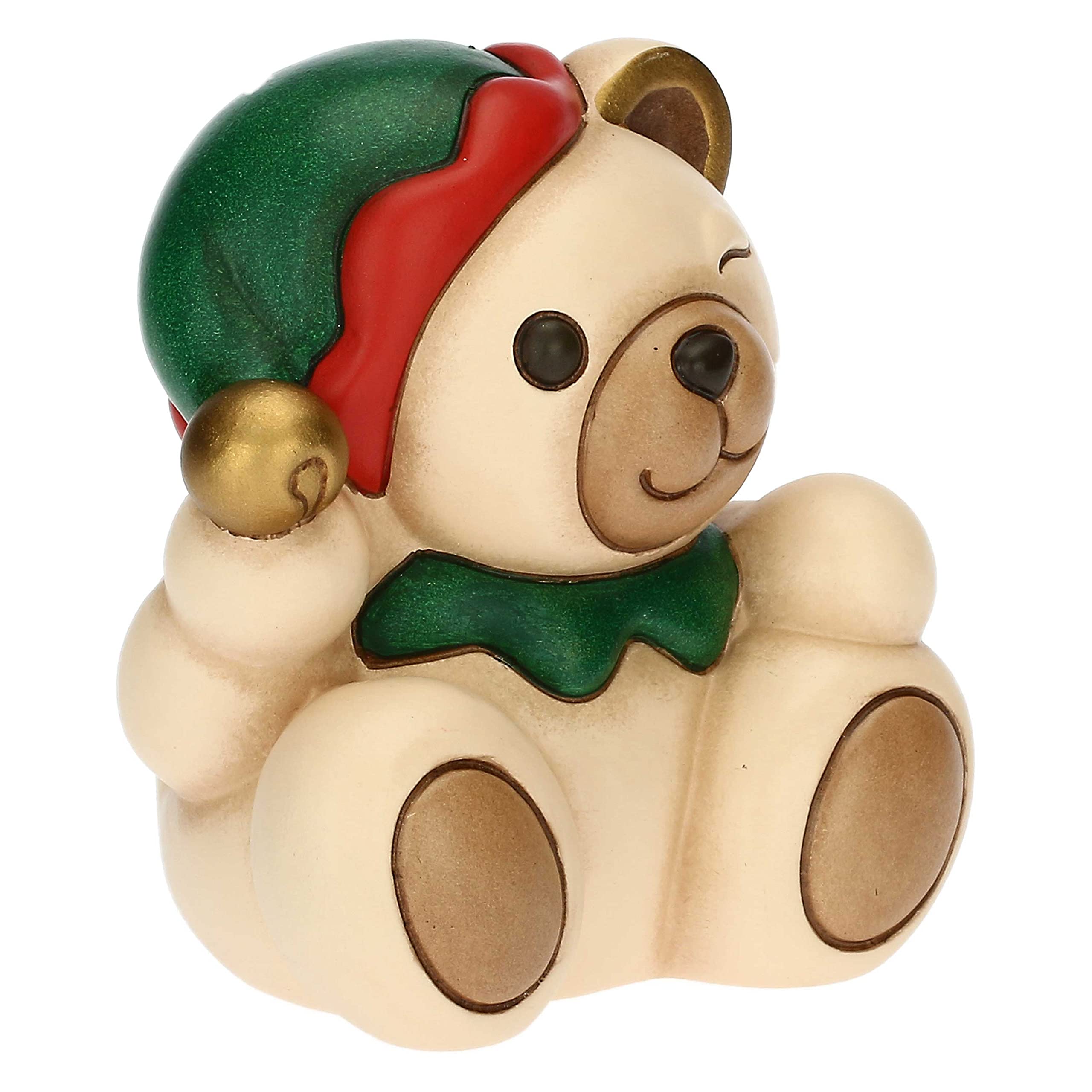 THUN - Natale 2022 - Soprammobile Teddy Elfo in Ceramica Decorata a Mano - Idea Regalo Natale 2022 - con Scatola in Latta - 10x7.5x11.5 cm h