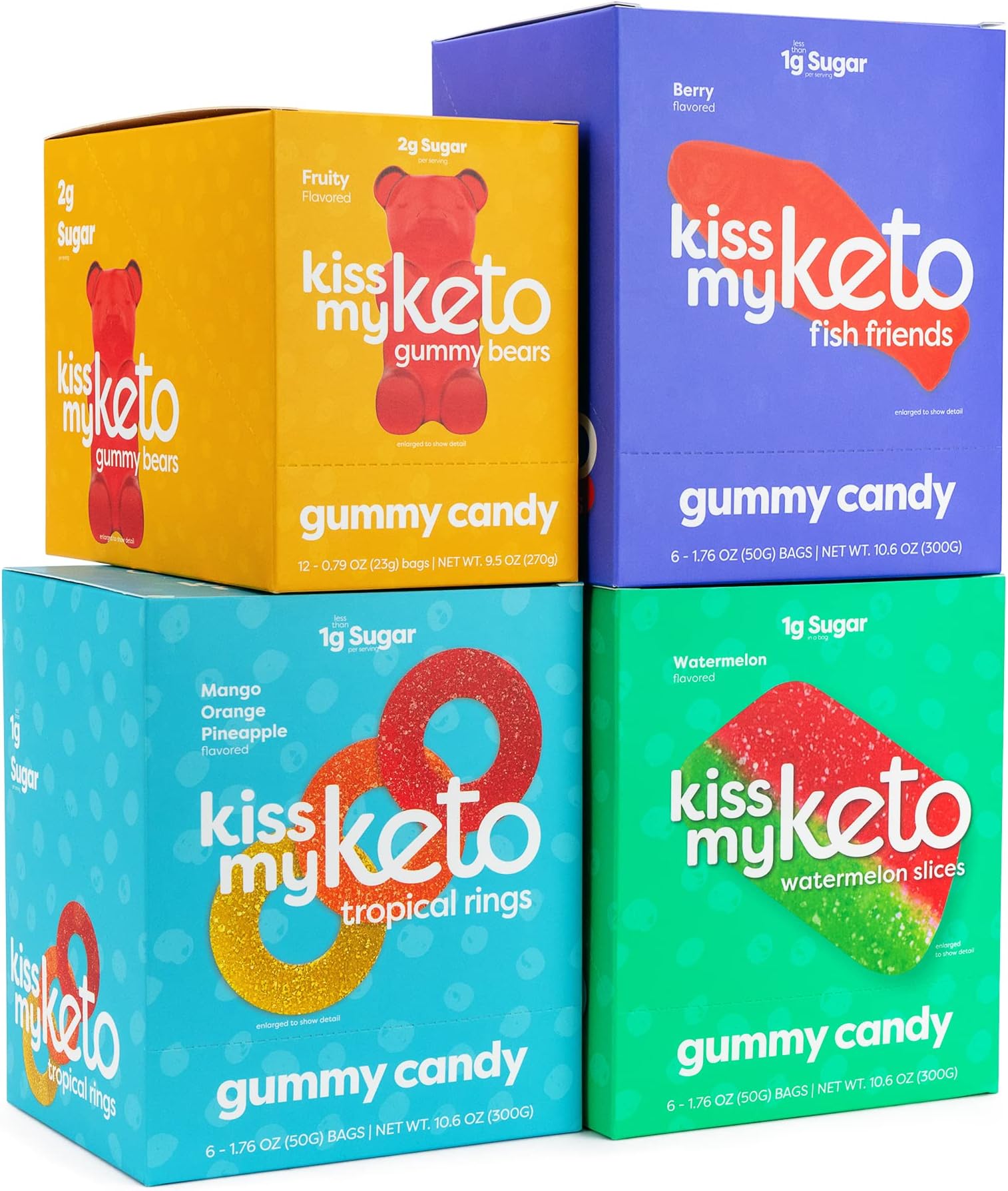 Kiss My KetoCandy Variety 30-Pack | Low Sugar (2g), Low Carb Candy (3g) | 12x Keto Gummy Bears, 6x Tropical Rings, 6x Fish Friends, 6x Sour Watermelon - Low Calorie Snacks, Non-GMO, Soy & Gluten Free