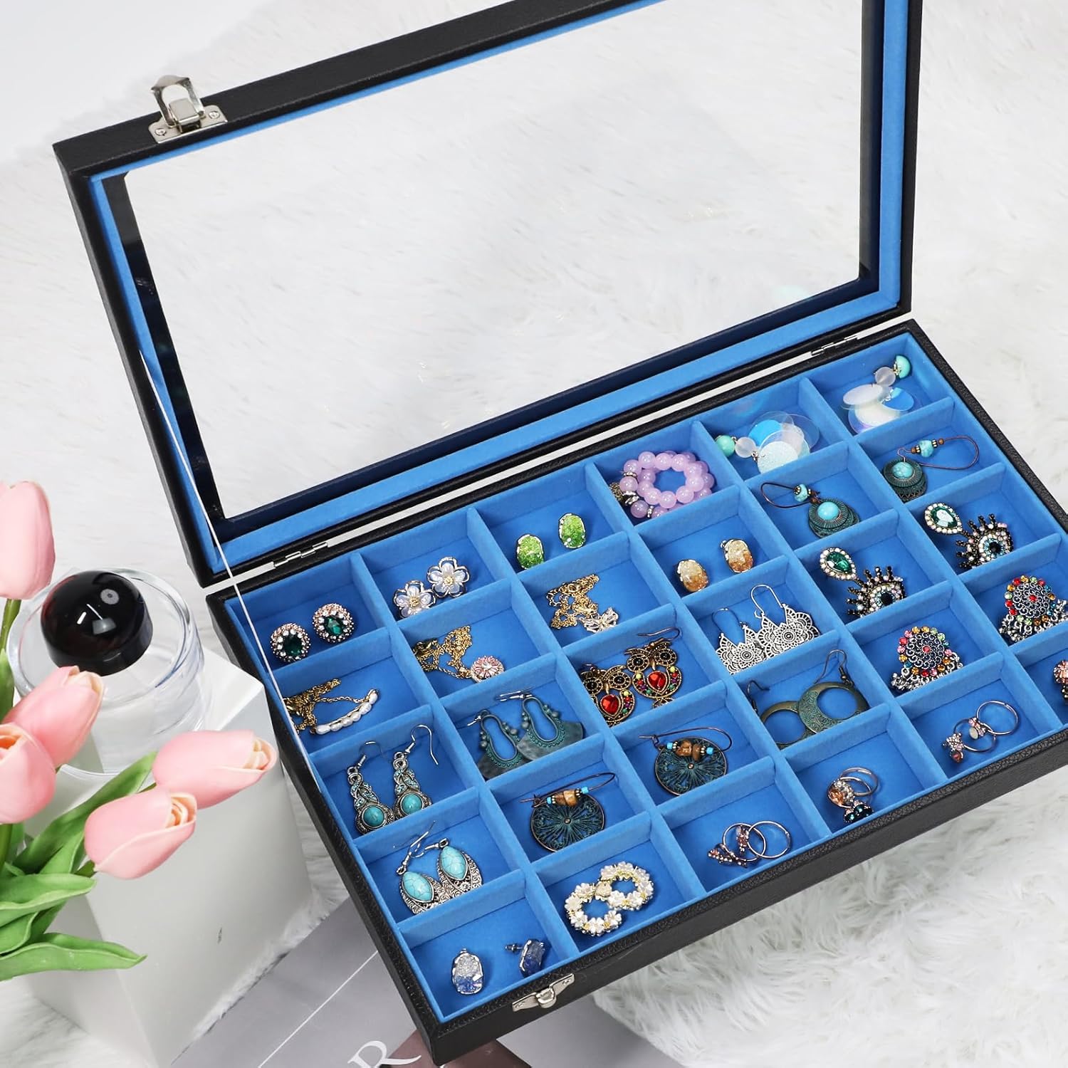 Stratalife Jewelry Holder Organizer Jewelry Drawer Organizer Earring Holder Jewelry Organizer Tray Earring Organizer for Women Girls Anti Tarnish Jewelry Box 30 Grid (Blue Black)