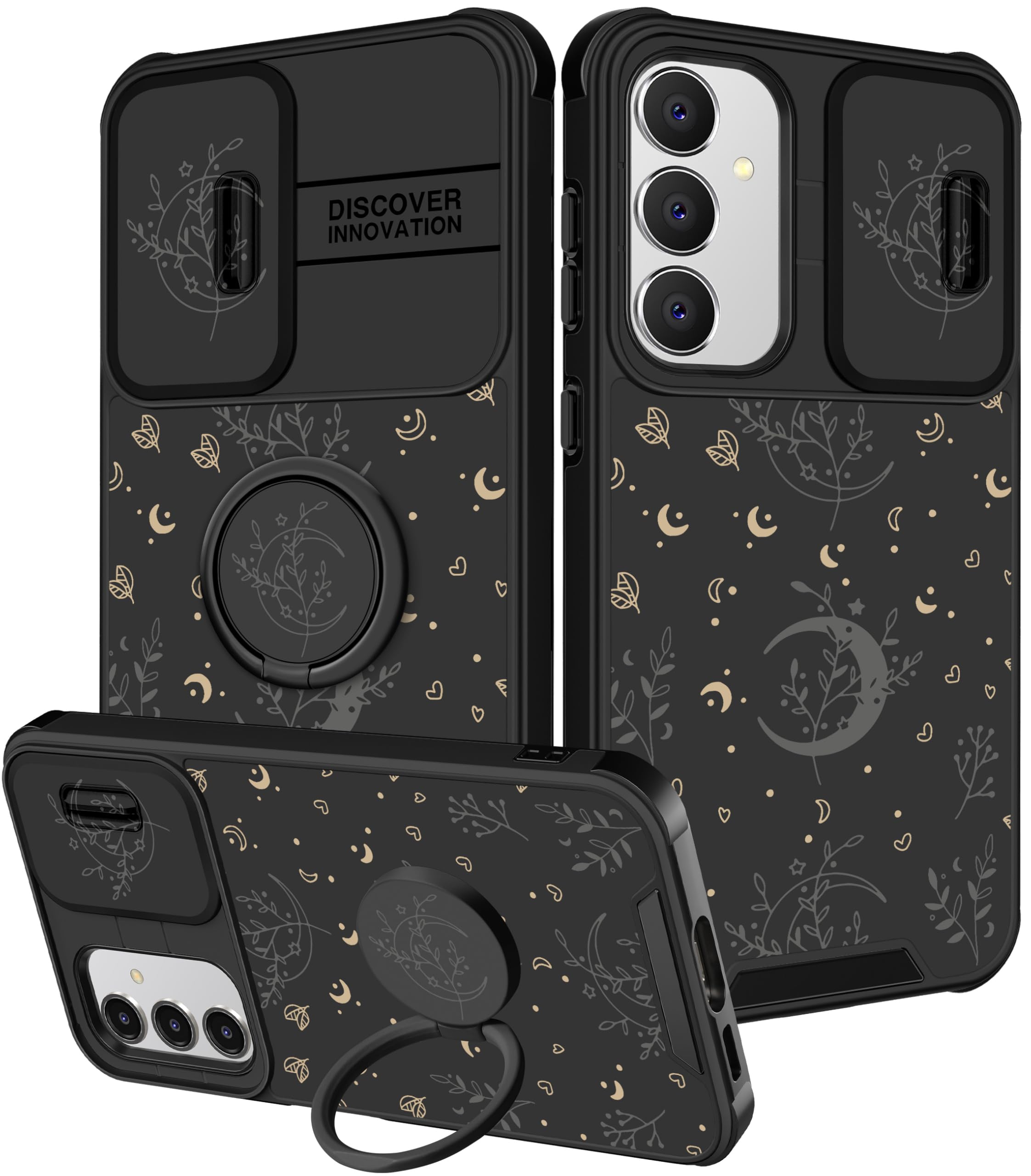 Goocrux for Samsung Galaxy S24 FE Case - Women Girls Cute Phone Cover Girly Moon Stars Unique Aesthetic Pretty Design Slide Camera Cover with Ring