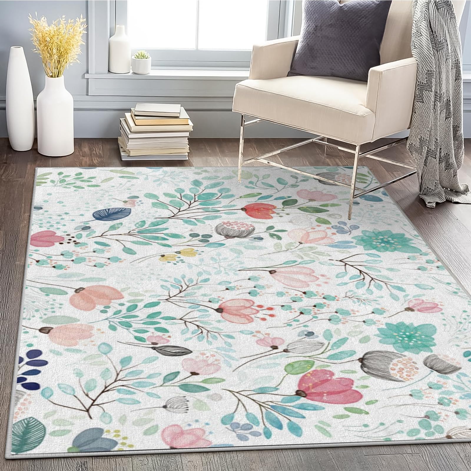 Teppich Quadratisch 150x150 Blumen Teppich Kurzflor Waschbar in Waschmaschine Teppich Gegend rutschfest Dünn Saugfähig für Wohnzimmer