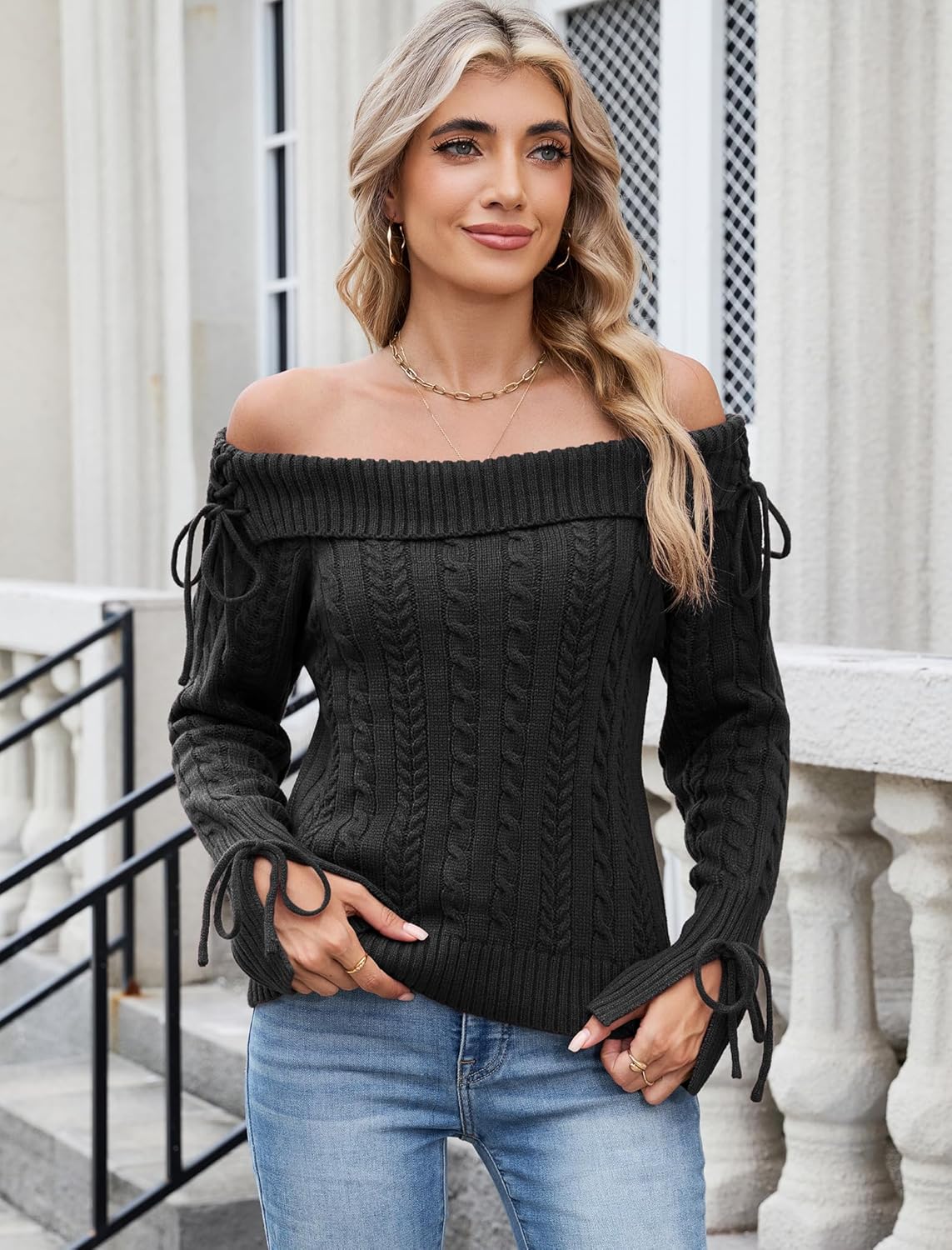 ZAFUL Women Off Shoulder Sweaters Long Sleeve Cable Knit Slim Fit Ribbed Knit Tops Pullover Sweaters - Image 3