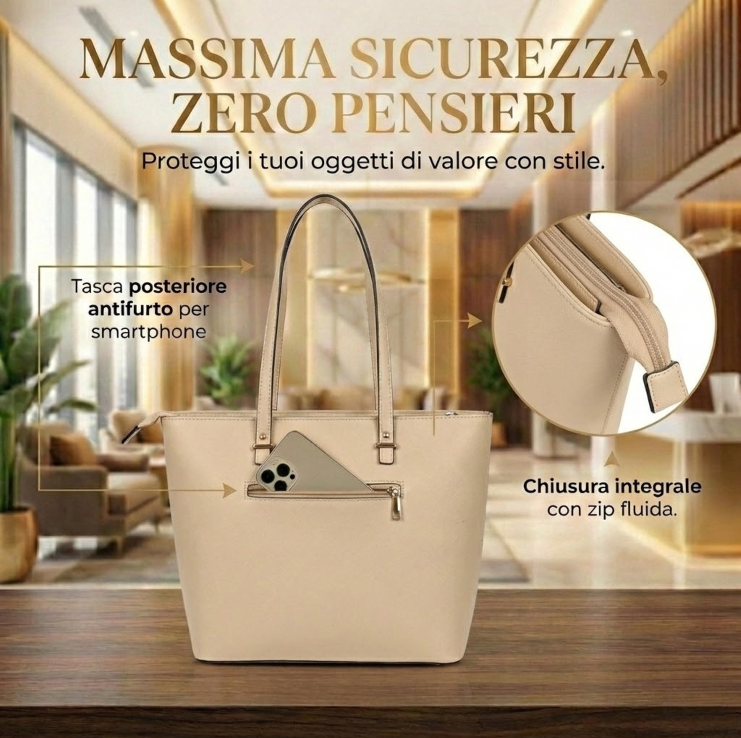Gallup Divas Bolso de Hombro Mujer Negro con Cremallera Externa Diseño Clásico (Beige)