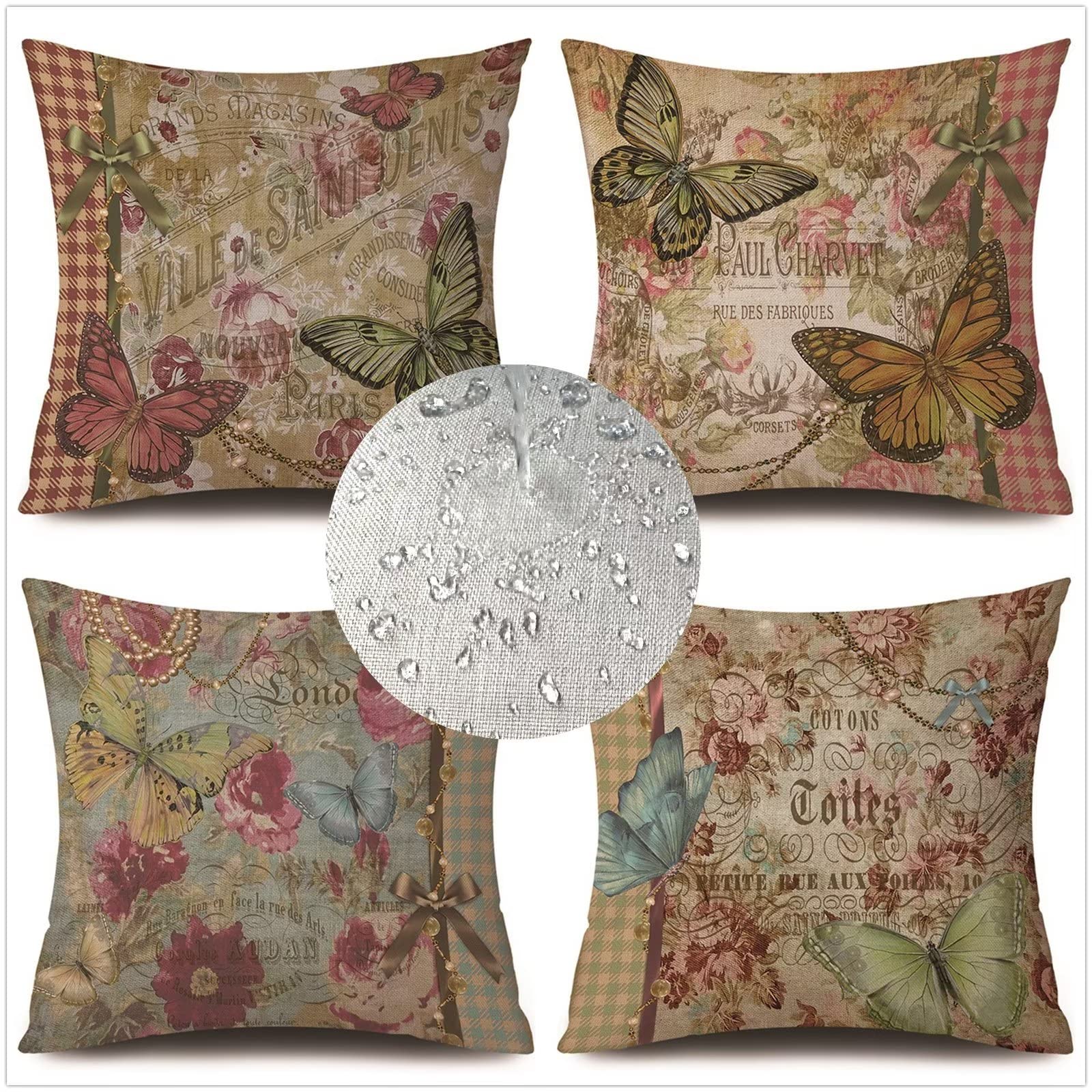 Retrò Federe Cuscini Divano 40 x 40 impermeabile, 4 pezzi 65x65cm Farfalla Cuscino Decorativo per Esterni Cuscini Divano con Zip invisibile, per Cuscini per Divano Giardino Esterni Decor Regali Z-4405