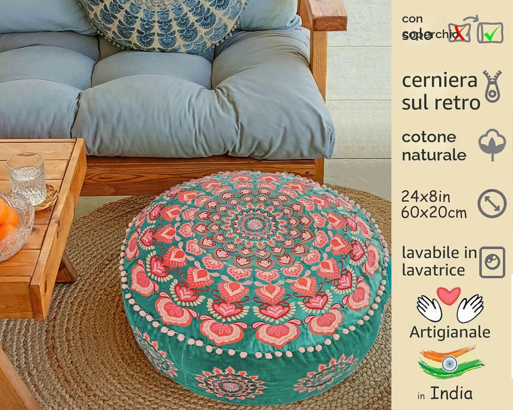 Mandala Life ART Fodera per cuscino da pavimento rotondo bohémien - 60x20 cm - 100% cotone - Custodia pouf per pouf per soggiorno, camera da letto, patio e altro