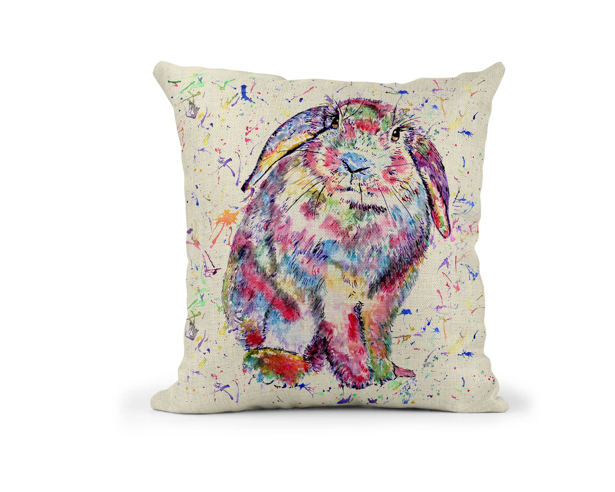 Vixar Rainbow Lop Rabbit Bunny Eared Watercolour Art Linnen Cushion With Filling Or Cover Only, 40X40cm, Gift, Christmas, Birthday (Cover Only)