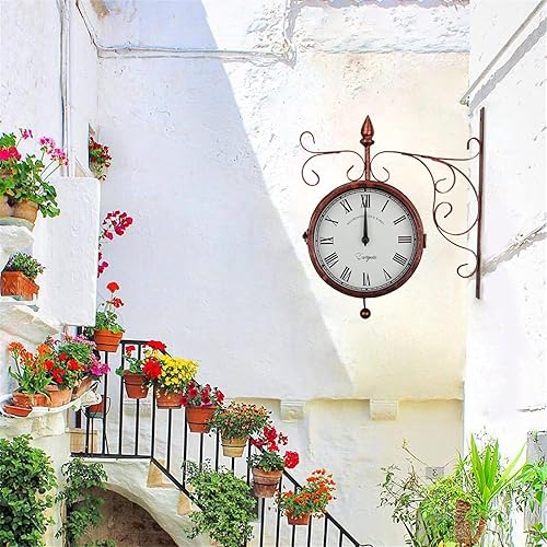 Double-Sided Wall Clock Wrought Iron, Vintage Silent Metal Hanging Clock, Easy Read Roman & Arabic Numerals, Battery Operated for OutdoorIndoor