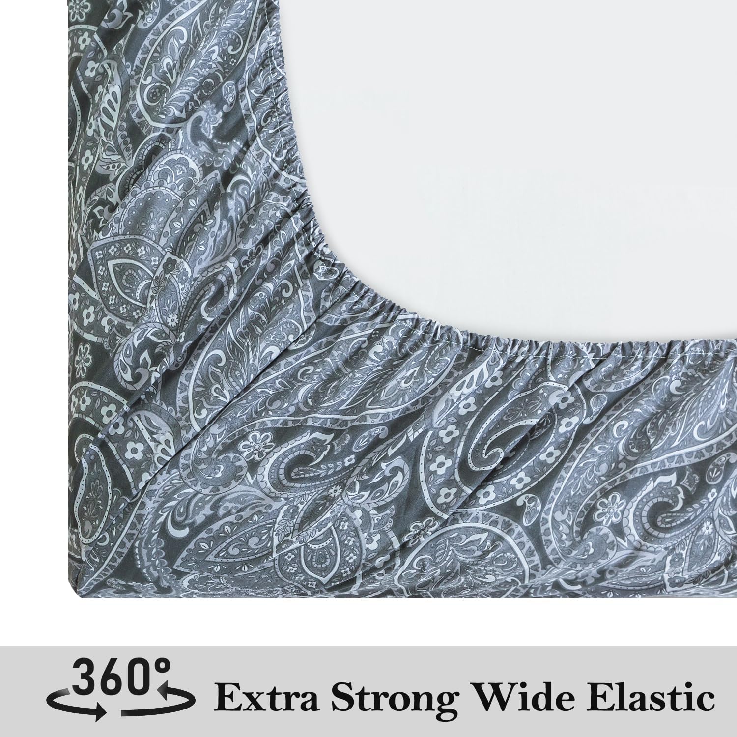 KACEMOO Bed Sheets Queen Size, 4 Piece Gray Paisley Sheets, 17" Deep Pocket Floral Pattern Sheets Queen, Soft Luxury Brushed Microfiber Sheets, Easy Care Breathable Bedding Set