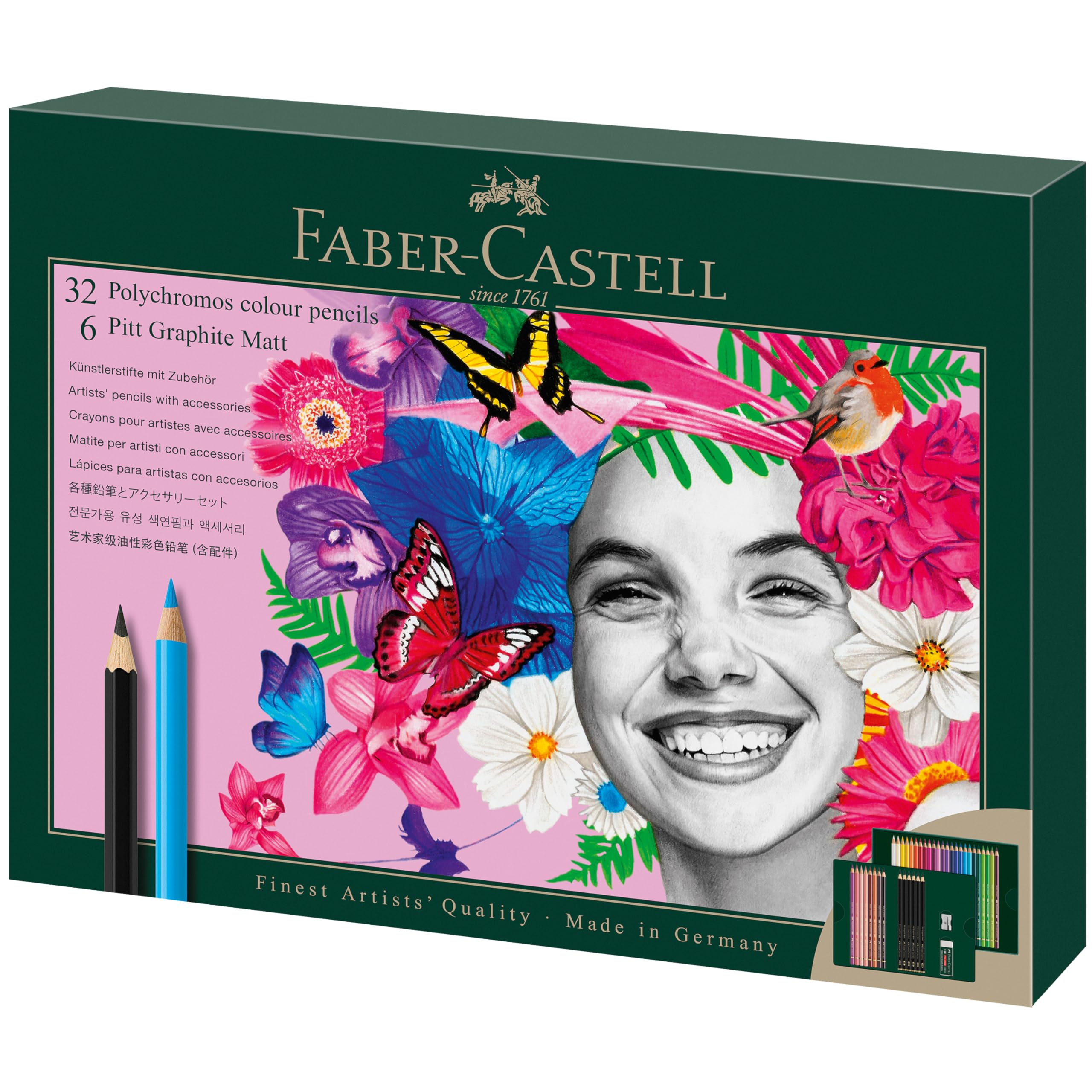 Faber-Castell 210053 Drawing Set 40 Pieces with Polychromos Colouring Pencils and Pencils Pitt Graphite Matt, Includes Sharpener and Eraser