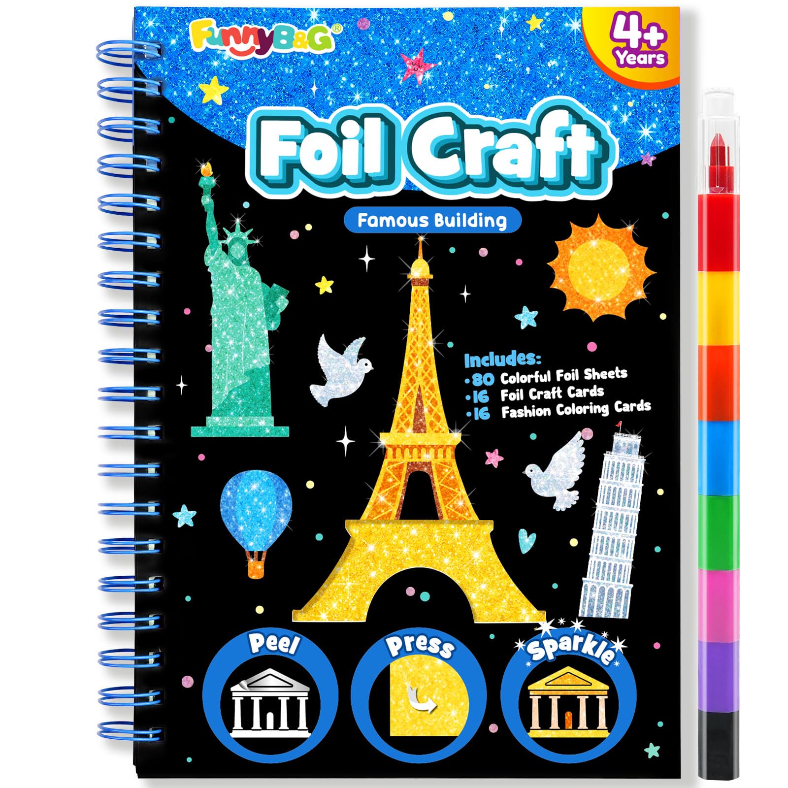 FUNNYB&G Foil Art Craft for Kids - Christmas Crafts Gift Party Favors Stocking Stuffers for Kids Fun Art Supplies Creative Birthday Gift Travel Toys for Girls Boys 4 5 6 7 8 9 Years Old(Buildings)