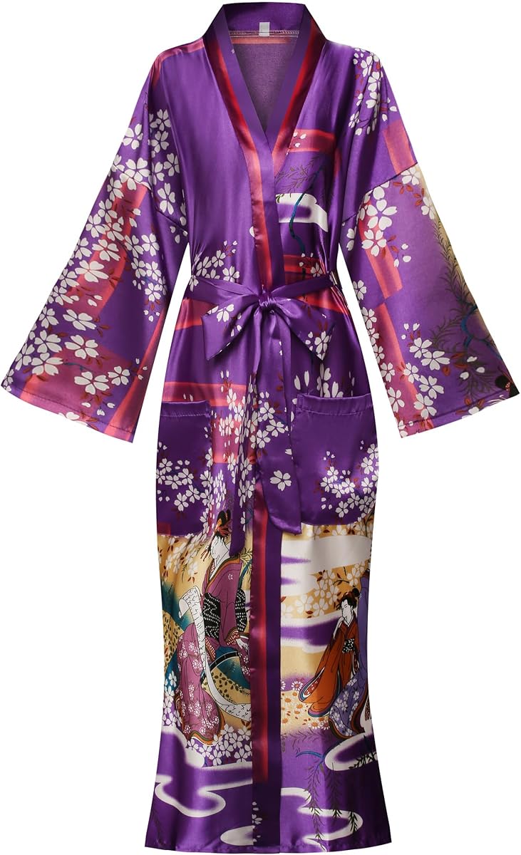Batas de kimono sedosas florales/estampadas para mujer Albornoces largos de satén Ropa de dormir Ropa de dormir