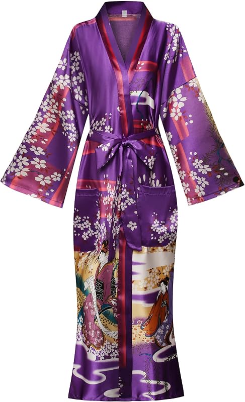 Batas de kimono sedosas florales/estampadas para mujer Albornoces largos de satén Ropa de dormir Ropa de dormir