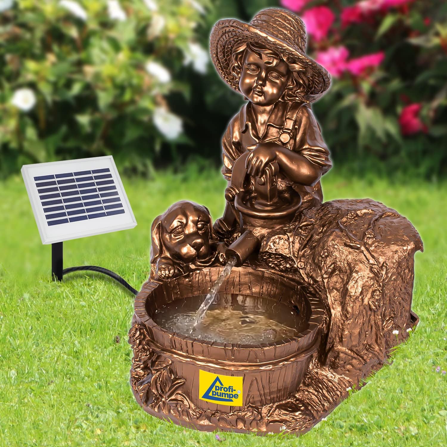 AMUR Solarna pompa do stawu ogrodowego, fontanna solarna, piasta z psem na fontannie solarna, pompa do stawu, staw, oczka ogrodowego, dekoracja solarna