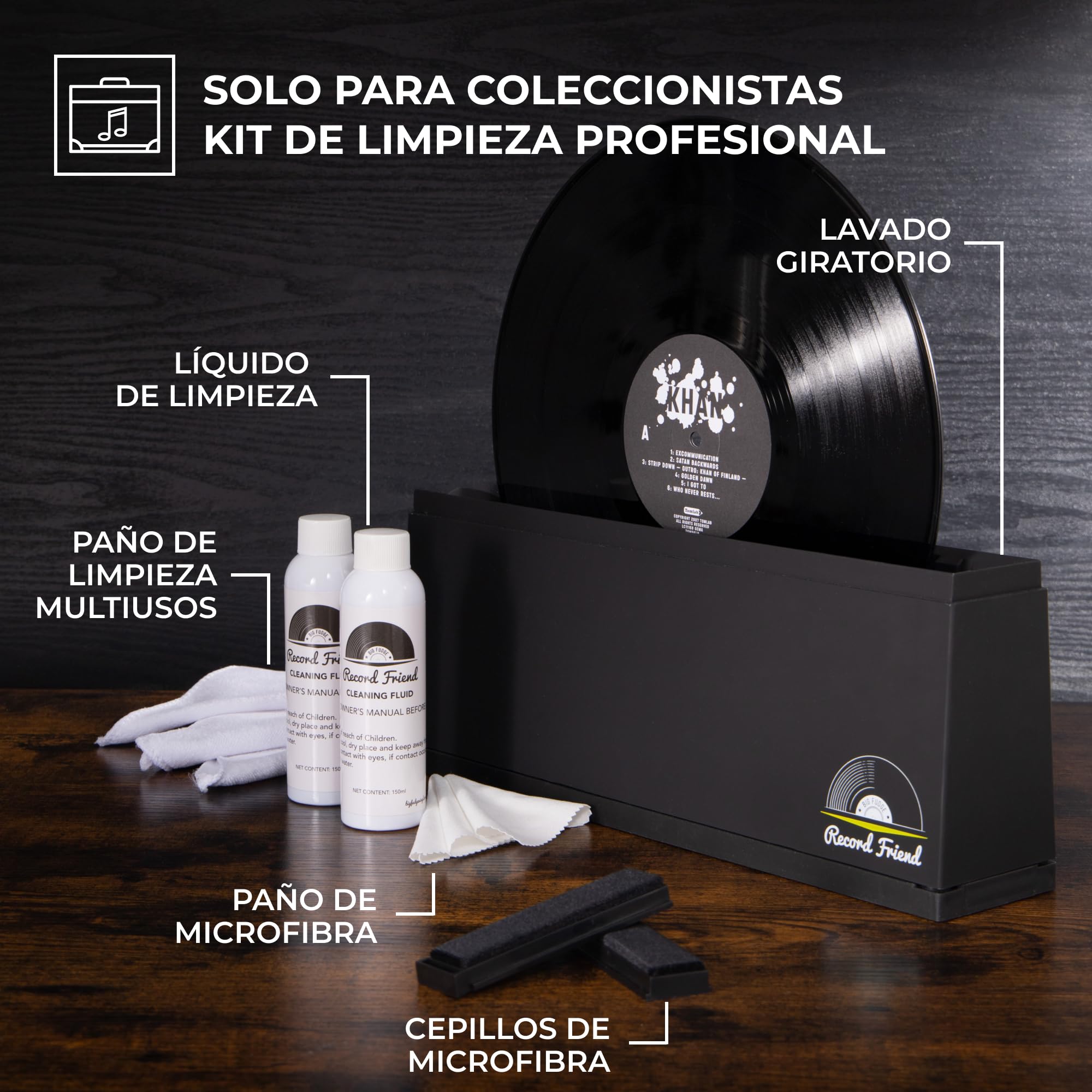 Big Fudge Kit Limpiador para Discos de Vinilo - Máquina Limpia Vinilos sin Ralladuras con Líquido de Limpieza Cepillo Bastidores - Cuidado Profesional