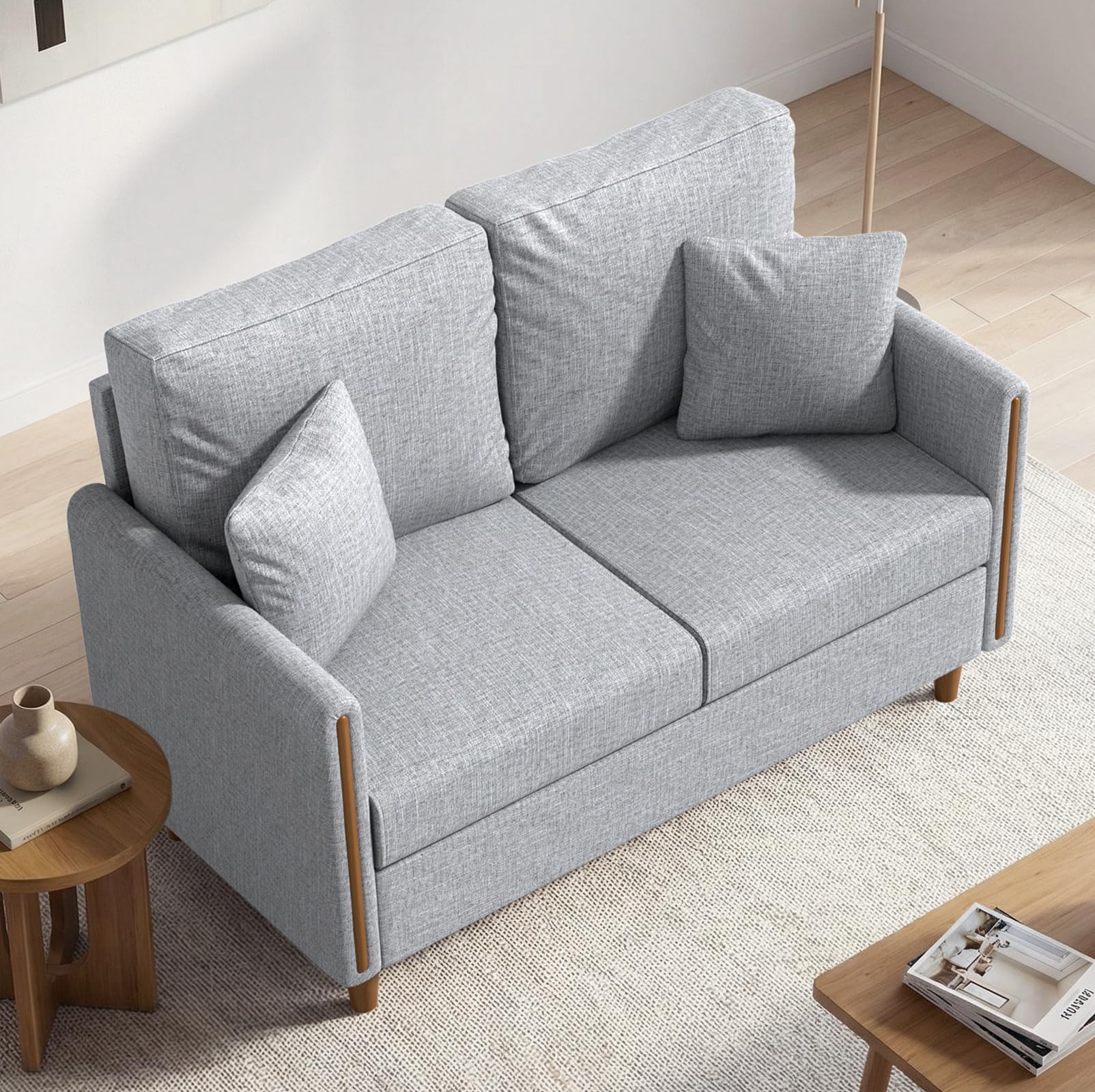 Sofa 2 Sitzer Kleine Couch mit Armlehne, 2 Zierkissen, 127 x 71 x 87 cm Zweisitzer Sofa Modern, Loveseat, Stoffsofa für Wohnzimmer, Schlafzimmer, Wohnung, Büro, Wohnung Einfache Montage
