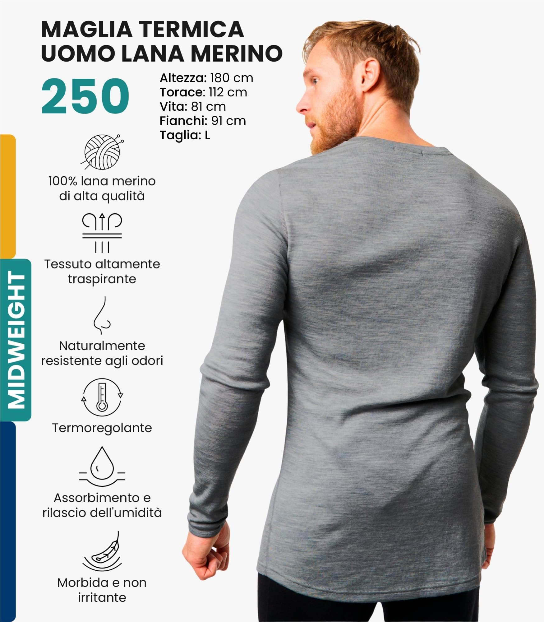 Merino.tech Maglia Termica Lana Merino Uomo - 100% Intimo Termico Lana Merino Uomo Leggero, Medio, Pesante con Calzini