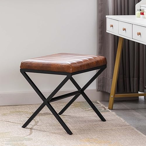 Miniatura 7 de Duhome - Taburete otomano de piel sintética para tocador banco de tocador pequeño con patas en X de metal taburete rectangular para reposapiés para