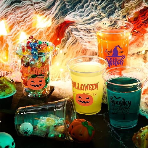 Miniatura 4 de Meanplan 90 vasos de plástico para fiesta de Halloween de 12 onzas desechables transparentes con estampado aterrador para licor, café, jugo y