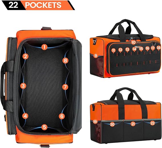 Heavy Duty Large Tool Bag with Multiple Pockets, 50x27x30 cm | Multiple Pockets, Wide Open Design, Adjustable Shoulder Strap, Wear Resistant, Reinforced Base, 5 Anti-Slip Feet Pads