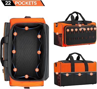 Heavy Duty Large Tool Bag with Multiple Pockets, 50x27x30 cm | Multiple Pockets, Wide Open Design, Adjustable Shoulder Strap, Wear Resistant, Reinforced Base, 5 Anti-Slip Feet Pads