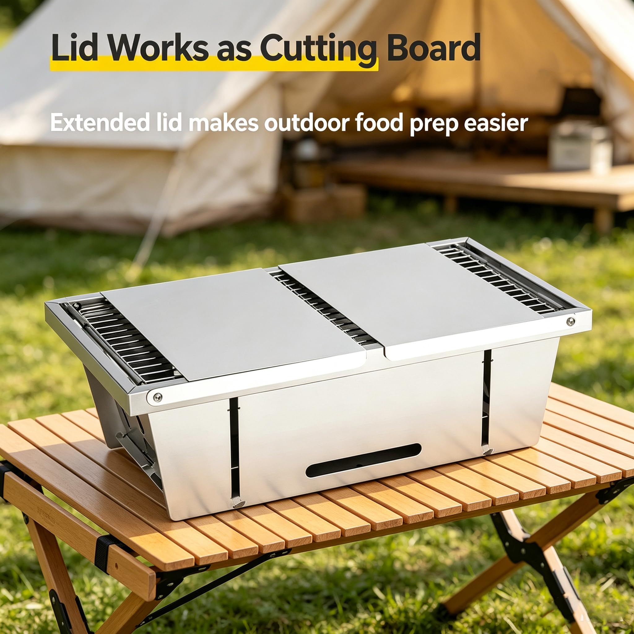 Barbecue a carbone pieghevole con doppie scaffalature laterali e set dii | Barbecue da Tavolo in Acciaio Inossidabile Cucina Portatile Pieghevole per Giardino, Campeggio, Picnic Adatto a 3-6 Persone