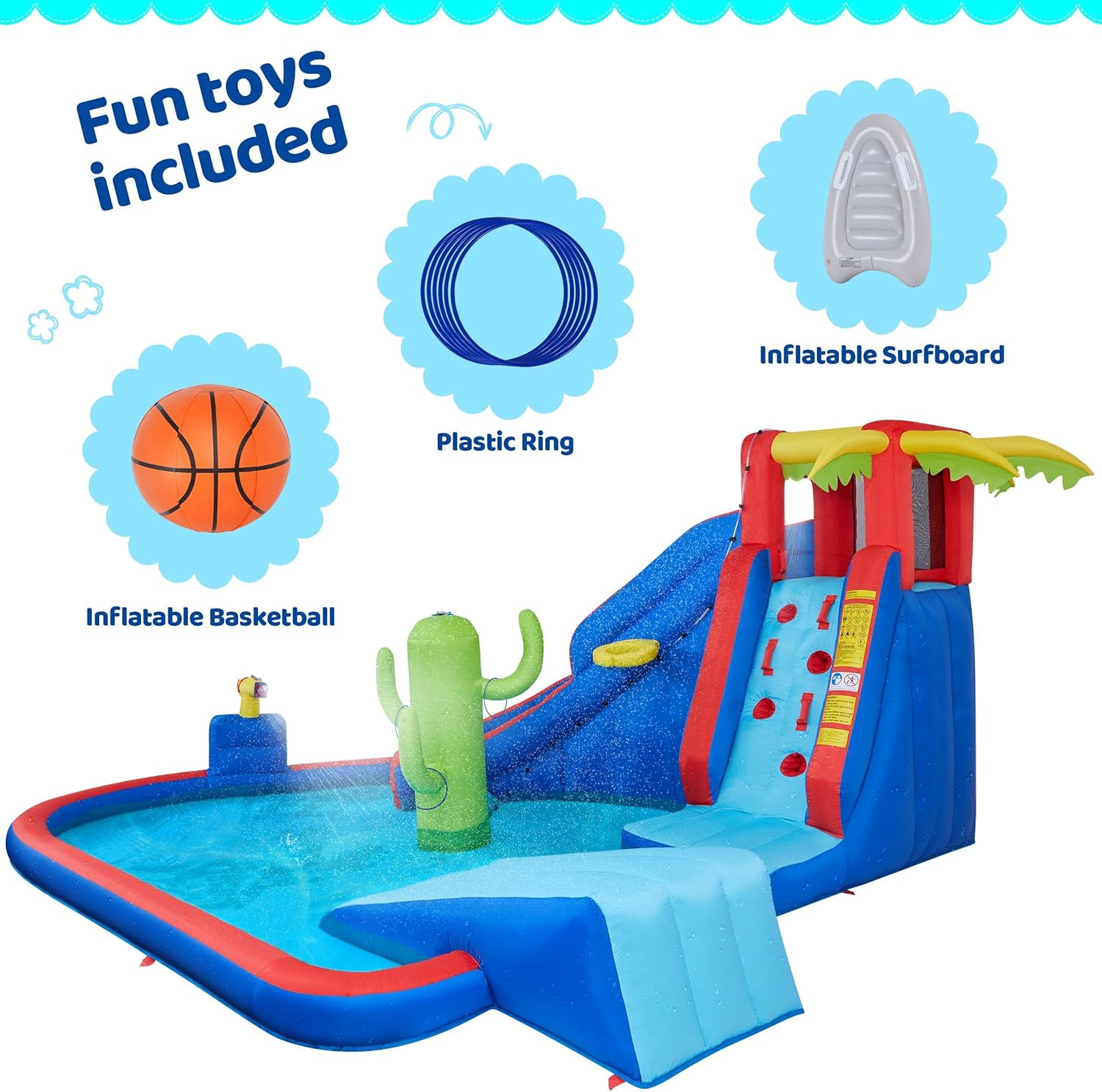 Yaheetech Inflatable Water Slide, Blow Up Water Slide Park Castle for Kids Aged 3-10 w/Splash Pool, Water Cannon, Ring Toss, Basketball, Surfboard and Climbing Wall, Water Slide with 520W Blower