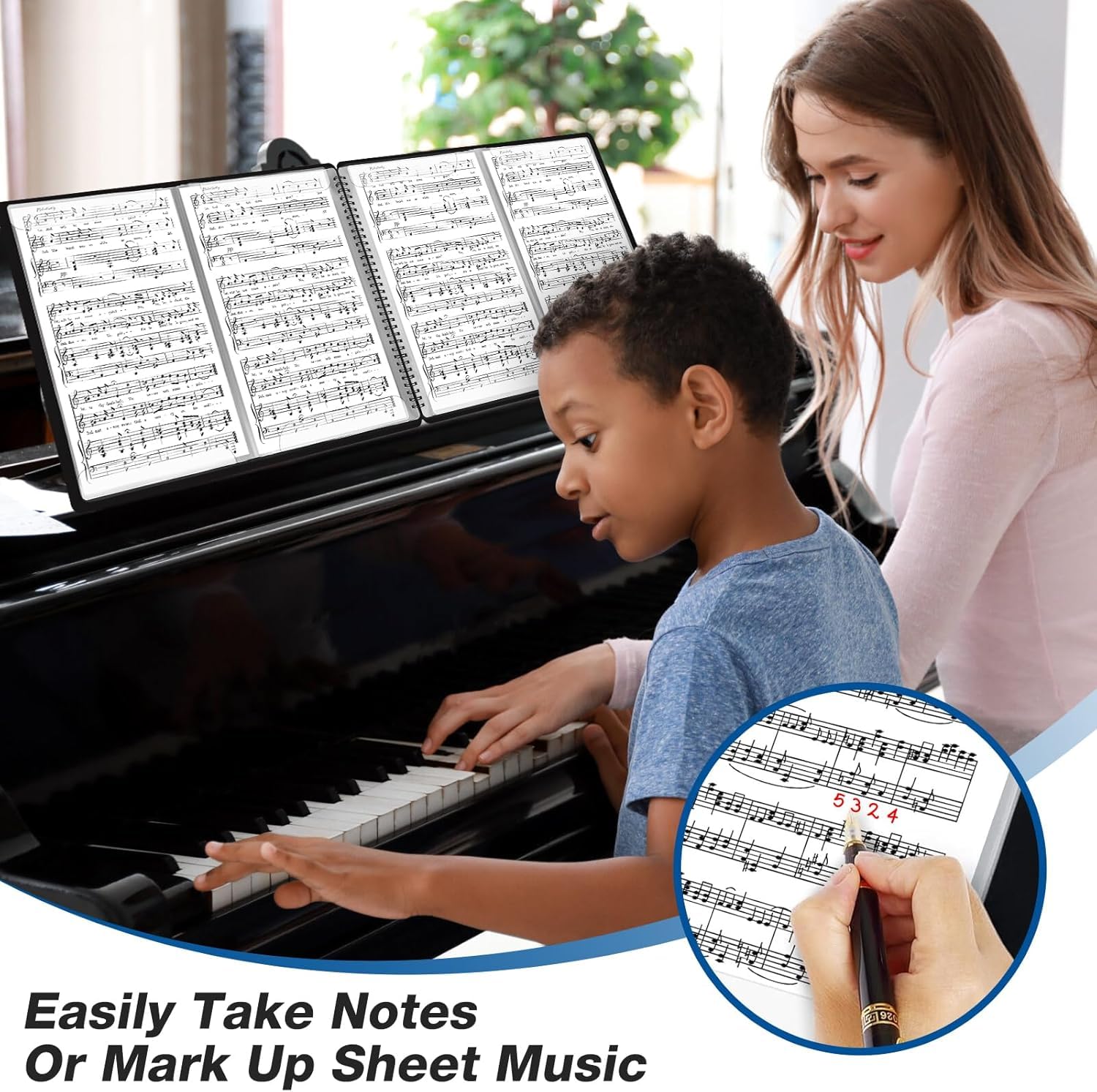 HIMOMO Carpeta para Partituras Expandible de 4 Páginas, 60 Bolsillos/120 Páginas, Carpeta de Música Impermeable para Coro, Archivador Negro para Partituras, Dibujos y Documentos, 216 x 279 mm
