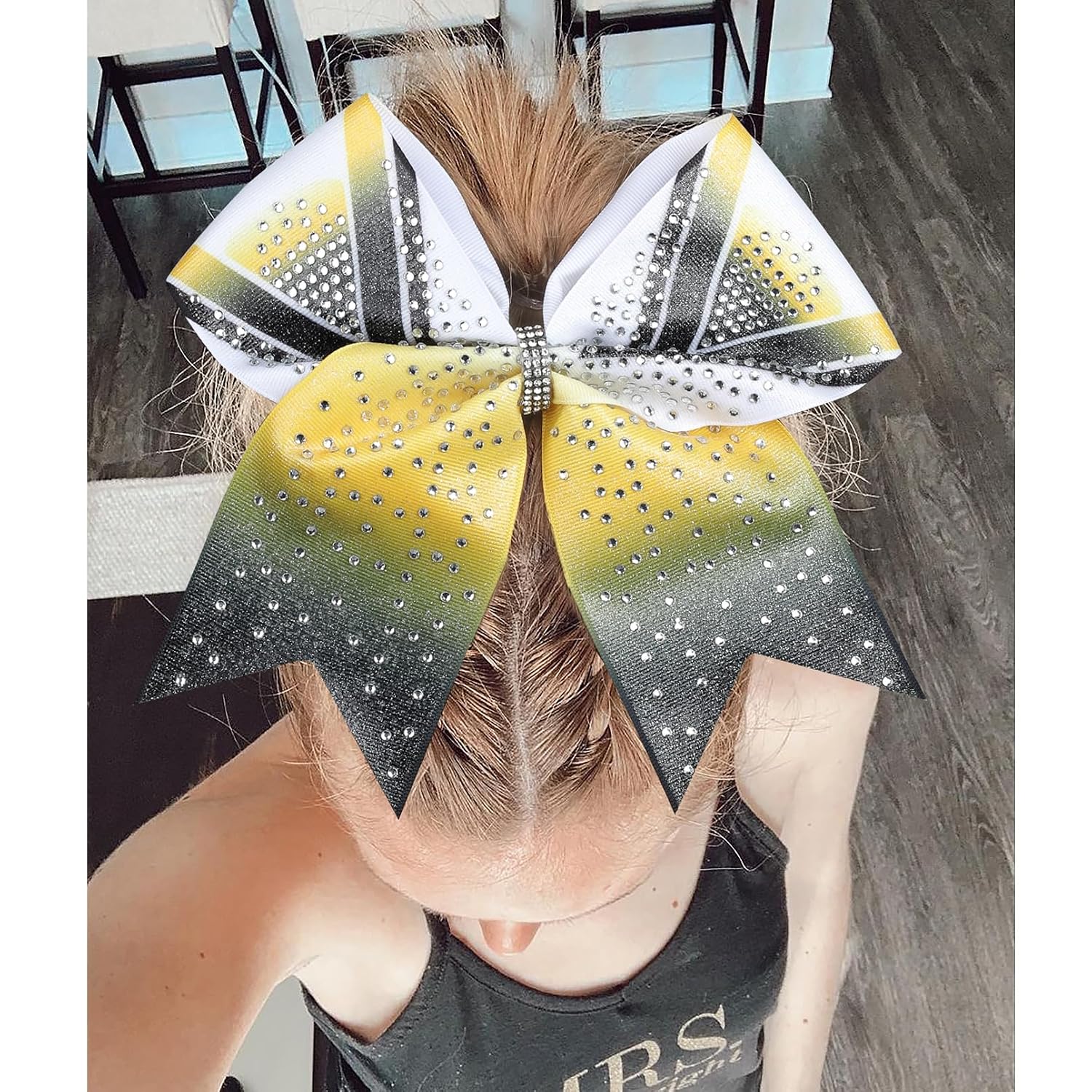 DEEKA 6PCS 8" Large Glitter Cheer Bows Black and Yellow Gradient Color Rhinestone Shiny Cheer Hair Bows Elastic Band Ponytail Holder for Cheerleader Girls Sports -White/Yellow/Black