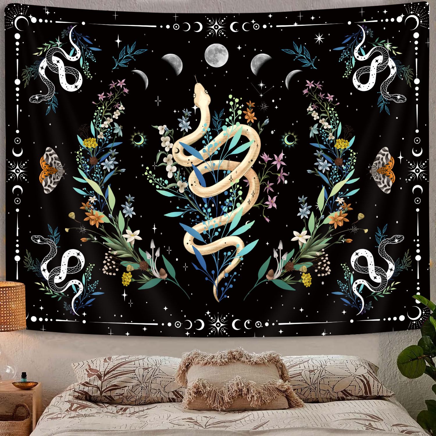 Boho Snake Floral Aesthetic Tapestry, Moon Phase Sun And Moon Art Tapestries, Cute Moth Vintage Botanical Fairy Flower Plant Tapestry Wall Hanging for Bedroom Living Room Dorm, 60'' X 44'' Black