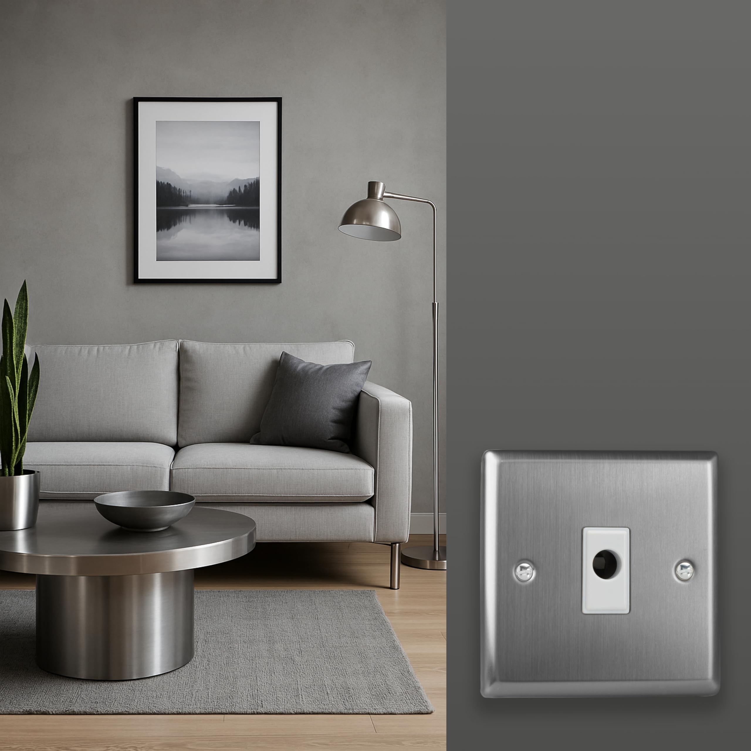 Varilight Flex Outlet Plate - Classic Brushed Steel with White Insert, 91x91x34mm - Image 2