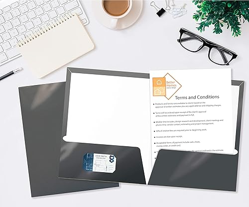 Miniatura 3 de Better Office Products Carpetas de papel gris laminado brillante de 2 bolsillos, caja de 25 unidades, tamaño carta, portafolios de papel gris,