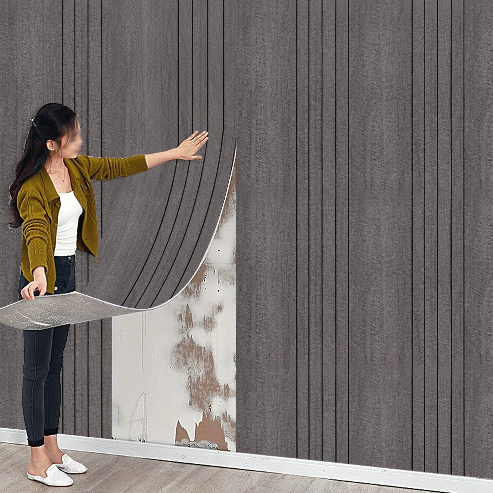 3Roll Thick Faux Wood Slat Wallpaper, Peel and Stick 3D Foil Insulation Self Adhesive Wall Panels Dark Grey Wallpaper Sound Absorbing Wooden Slats for Bathroom, Bedroom, Kitchen, Living Room 40cm*3m — image 1