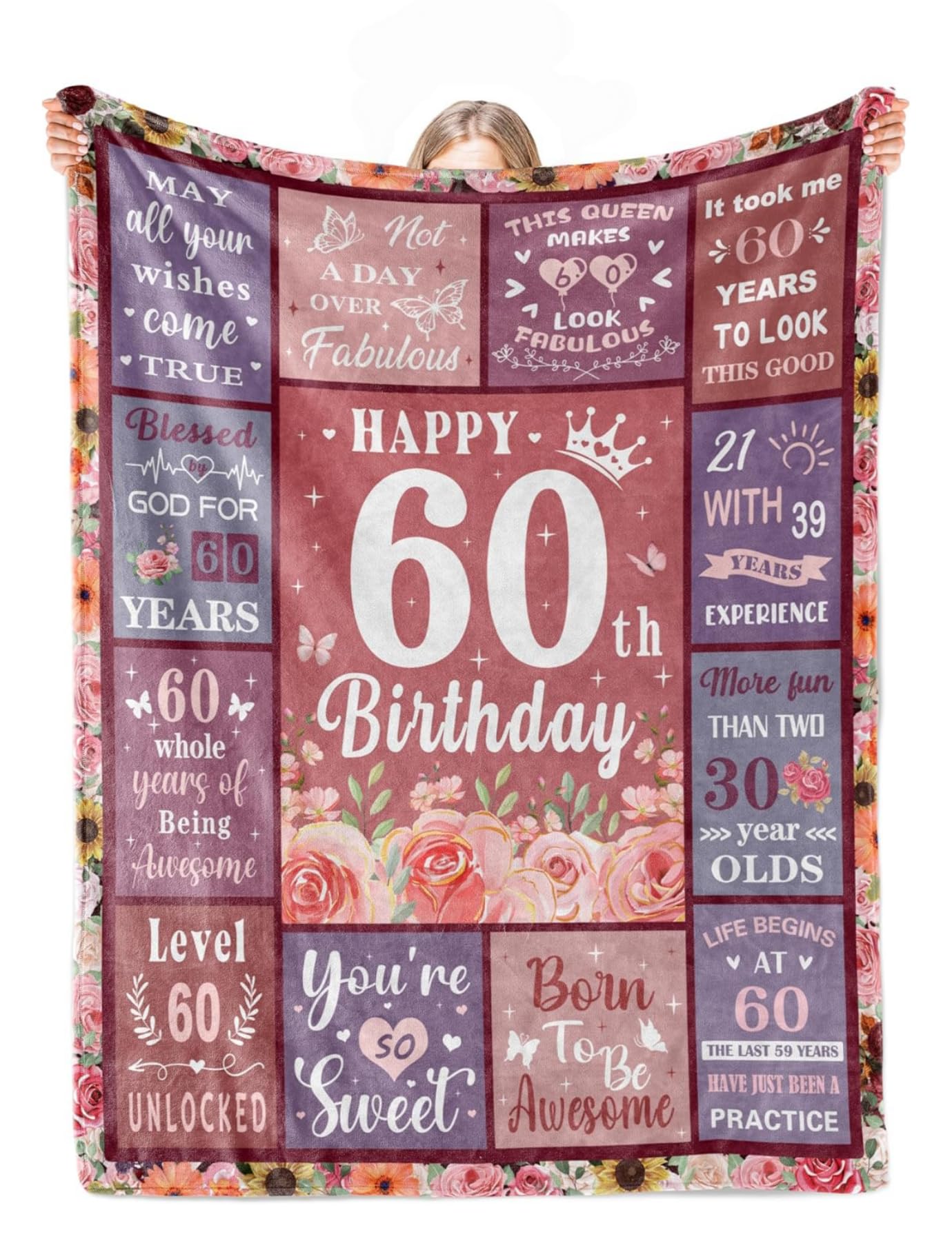 Couverture cadeau de 60e anniversaire pour femme | Plaid jeté de lit doux 150 x 200 cm