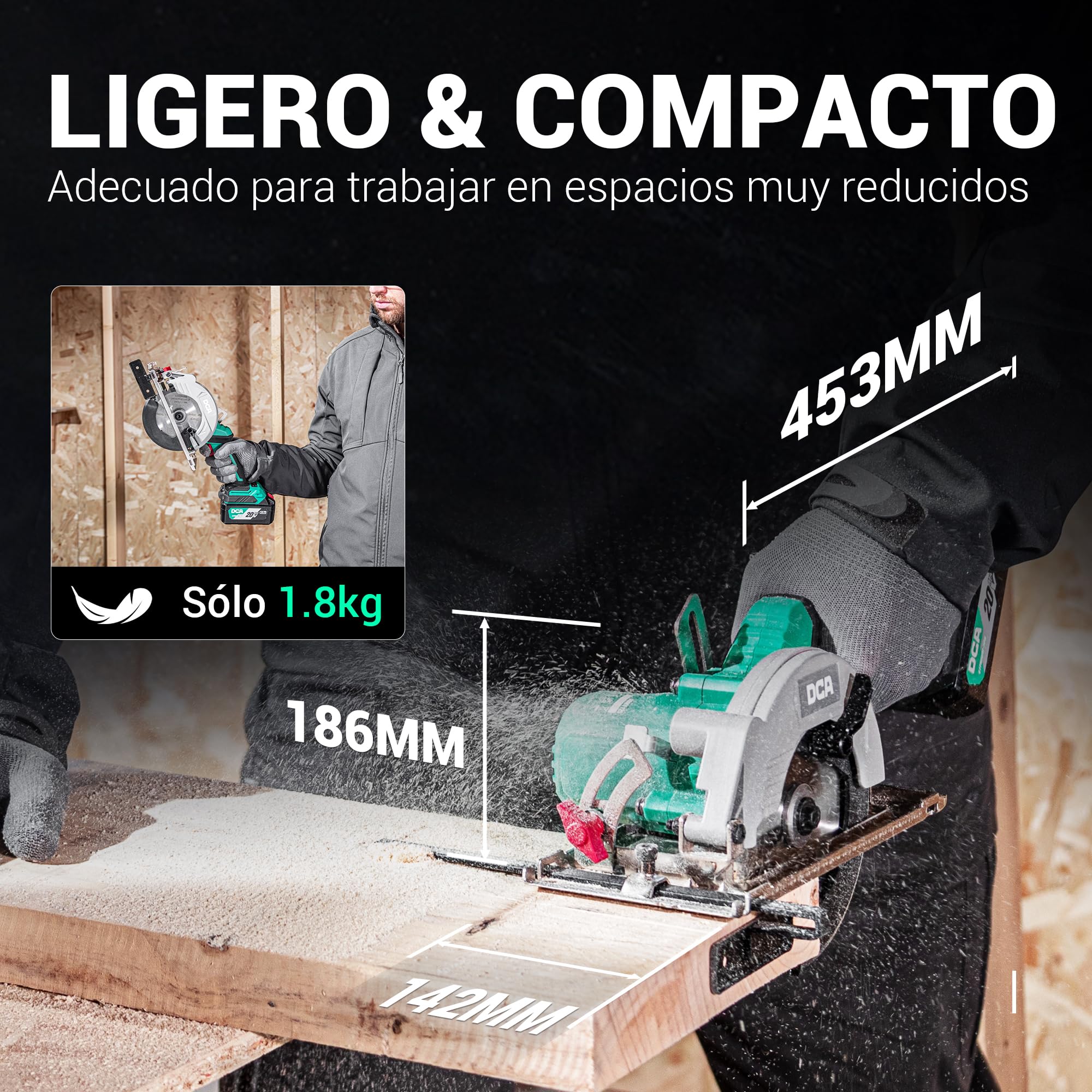 DCA 20V Sierra Circular Mini Inalámbrica Sin Escobillas con Batería 4,0Ah, 2 Velocidades 6700/4200 RPM, 3 Hojas Ø125mm y Guía, Profundidad Corte 45mm(90°)/33mm(45°), Para Madera, Plástico, PVC