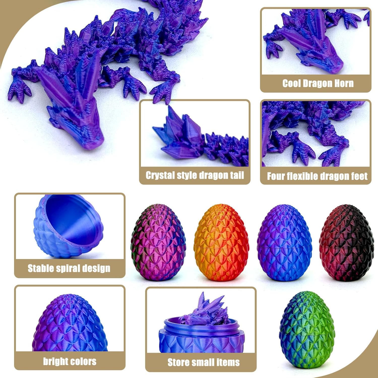 5PCS 3D Printed Dragon Eggs with Dragon Inside Easter Eggs 3D Printed Dragon Easter Toys Mystery 3D Dragon Egg 3D Printed Animals Toy Dragon Fidget Toy Home Office Decoration (Multicolor1-5pcs)