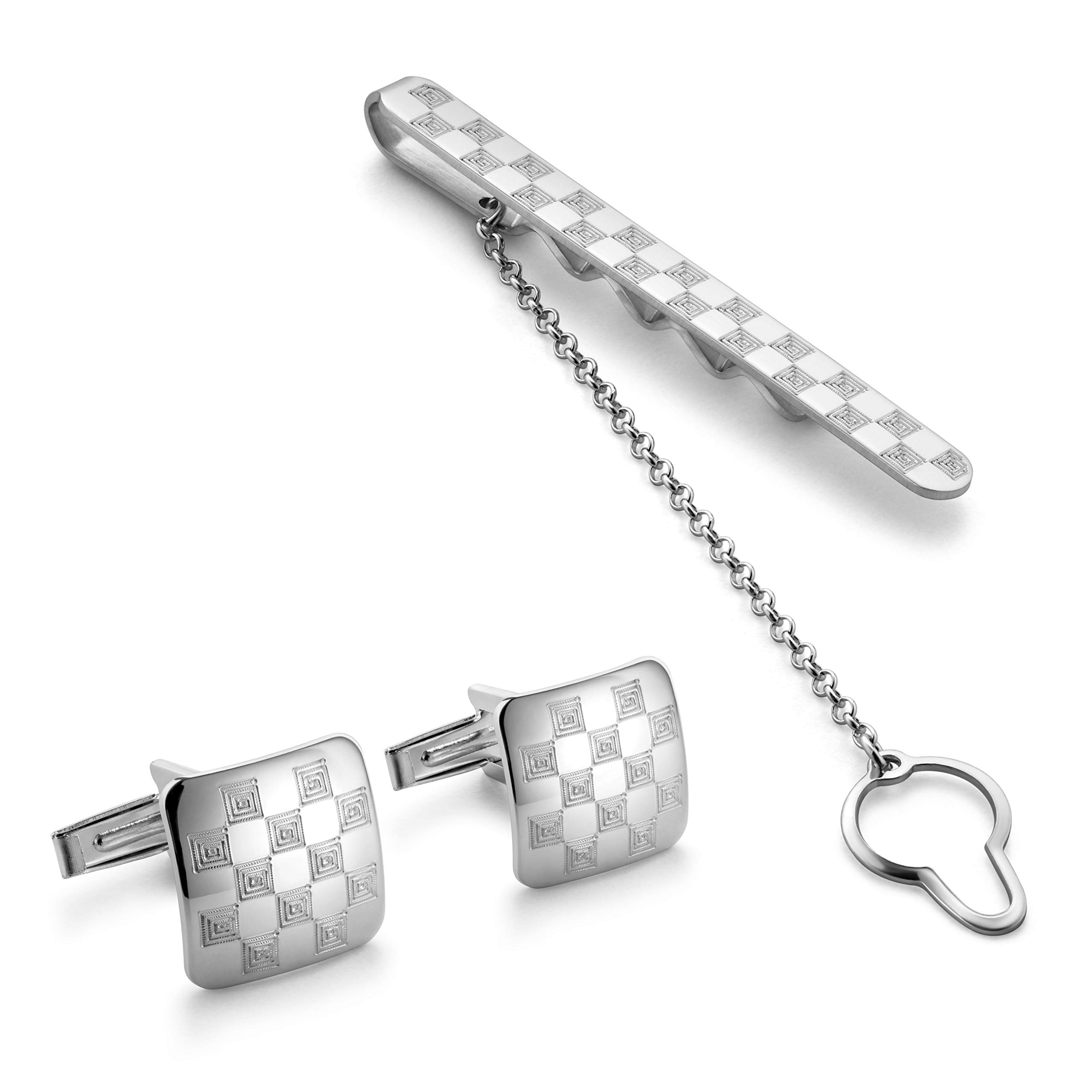 Gemelli Da Polso E Fermacravatta In Argento Sterling Con Sobrio Motivo A Scacchiera Per Uomo