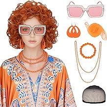 S-noilite Mrs Roper Wig, Short Curly Orange Wigs with Glasses and Costume Wig Set Jewery Necklace Bracelet Earrings Scarf, Fluffy Curly Red Brown Wigs for Women Halloween Cosplay Party (7pcs set)