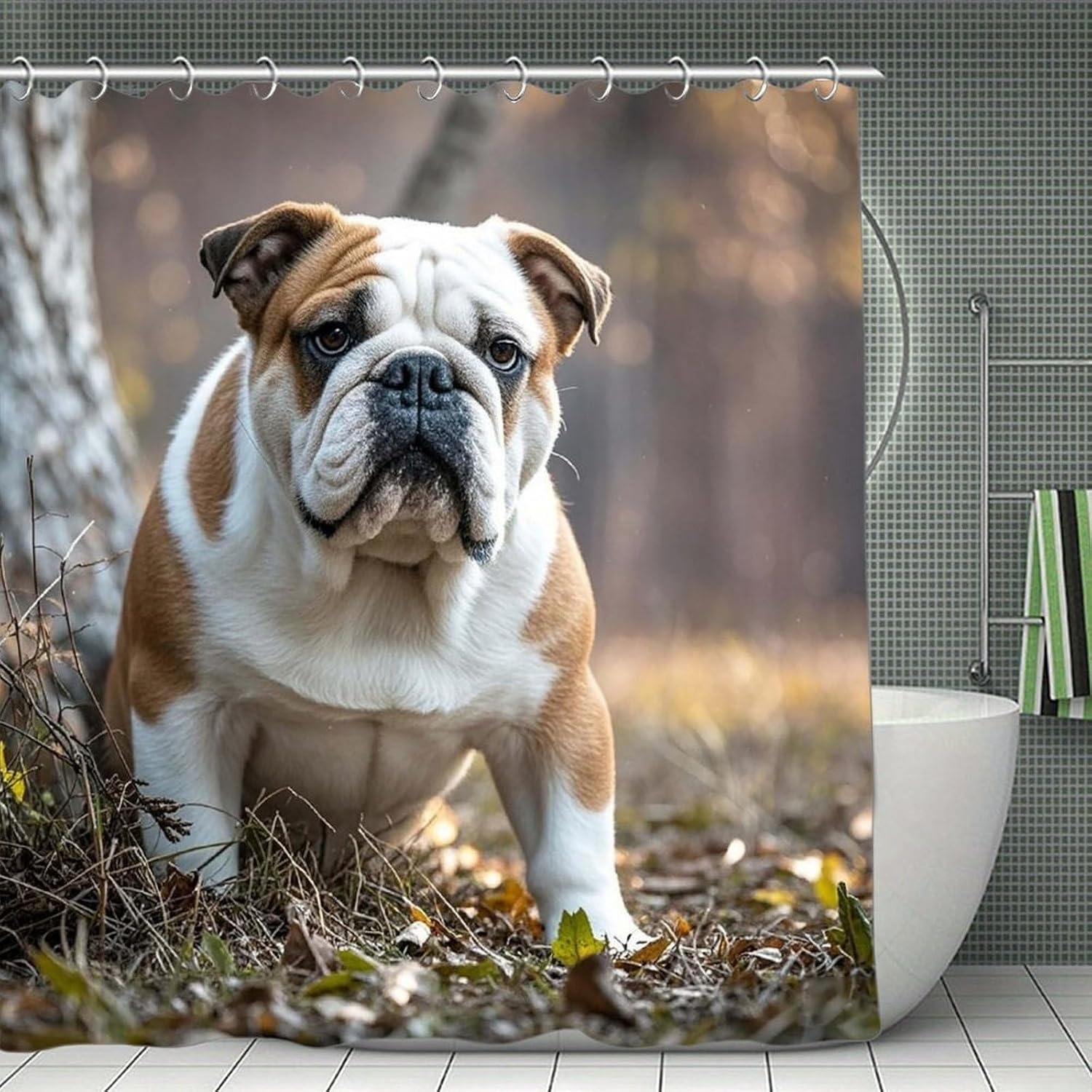 English Bulldogs Shower Curtain with Hooks, Personalized Bath Curtain for Home, Washable Shower Liner for Hotel, Reusable Bath Curtains for Apartment, 70.8×70.8 Inches