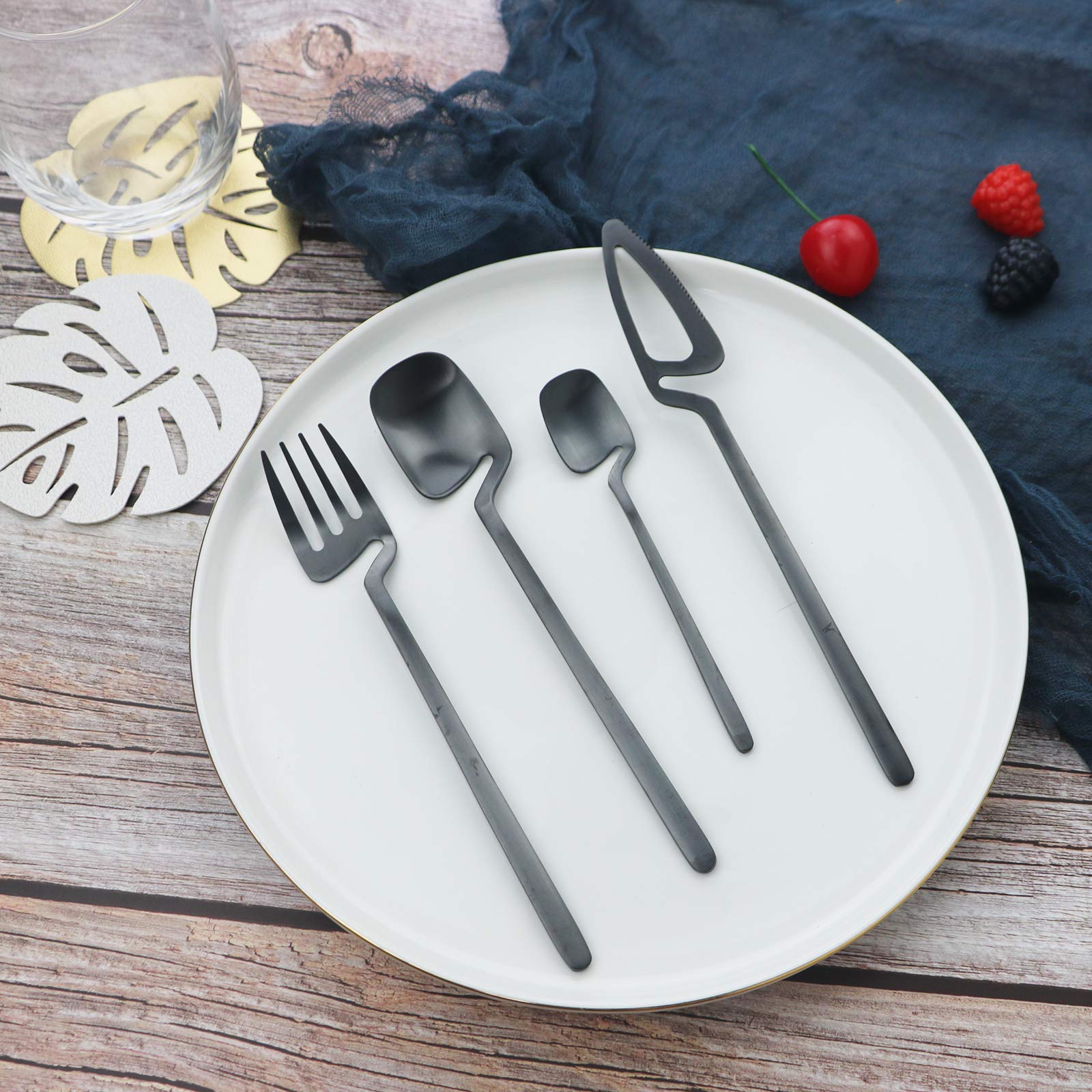 JASHII Set Posate 32 Pezzi Per 8 Persone - Finitura Opaca Nera, Acciaio Inox, Lavabili In Lavastoviglie