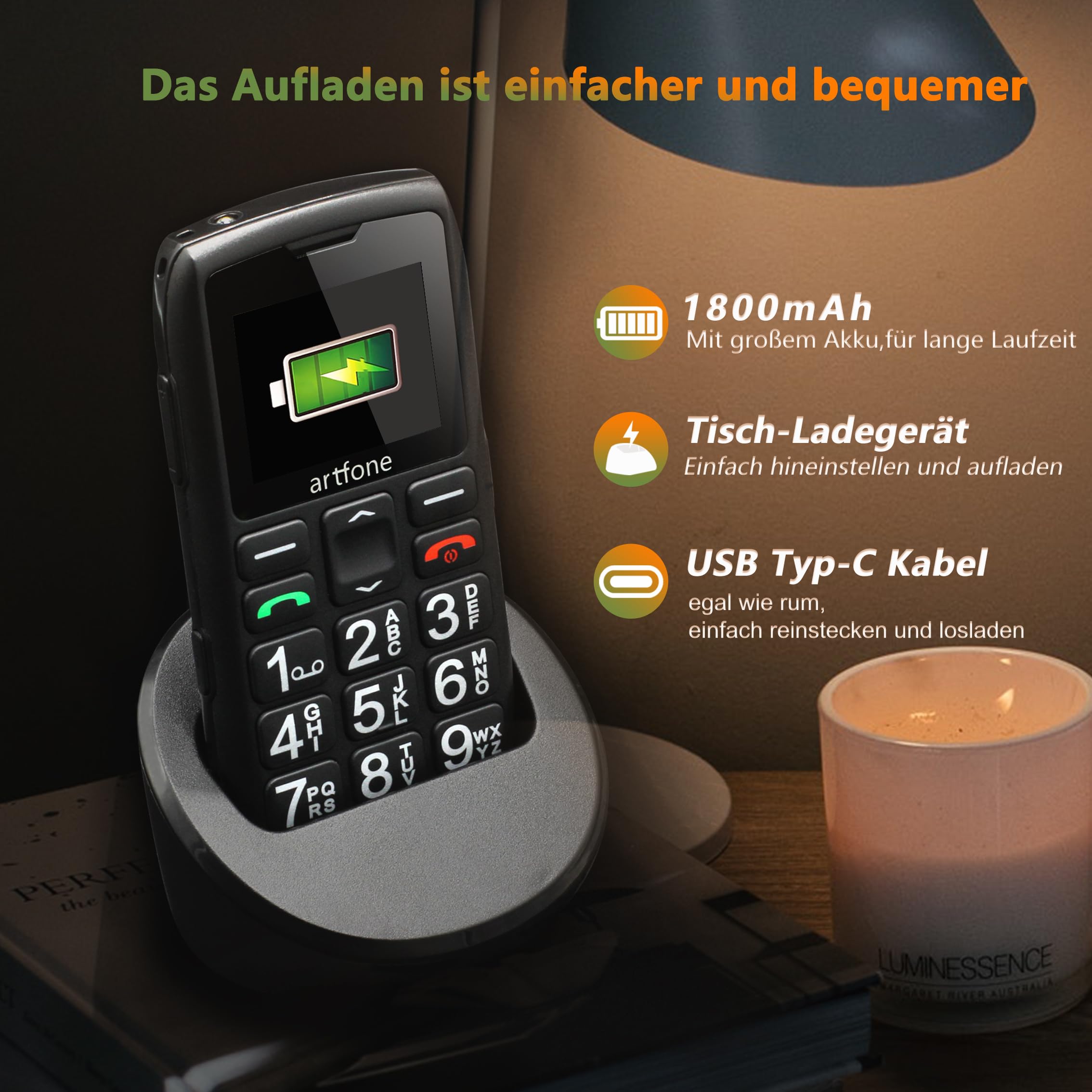 artfone 4G Seniorenhandy ohne Vertrag | Rentner-Handy Große Tasten | Lange Standby-Zeit | Tastenhandy mit Notruftaste | Ladestation |Nano SIM | USB-C |Volte