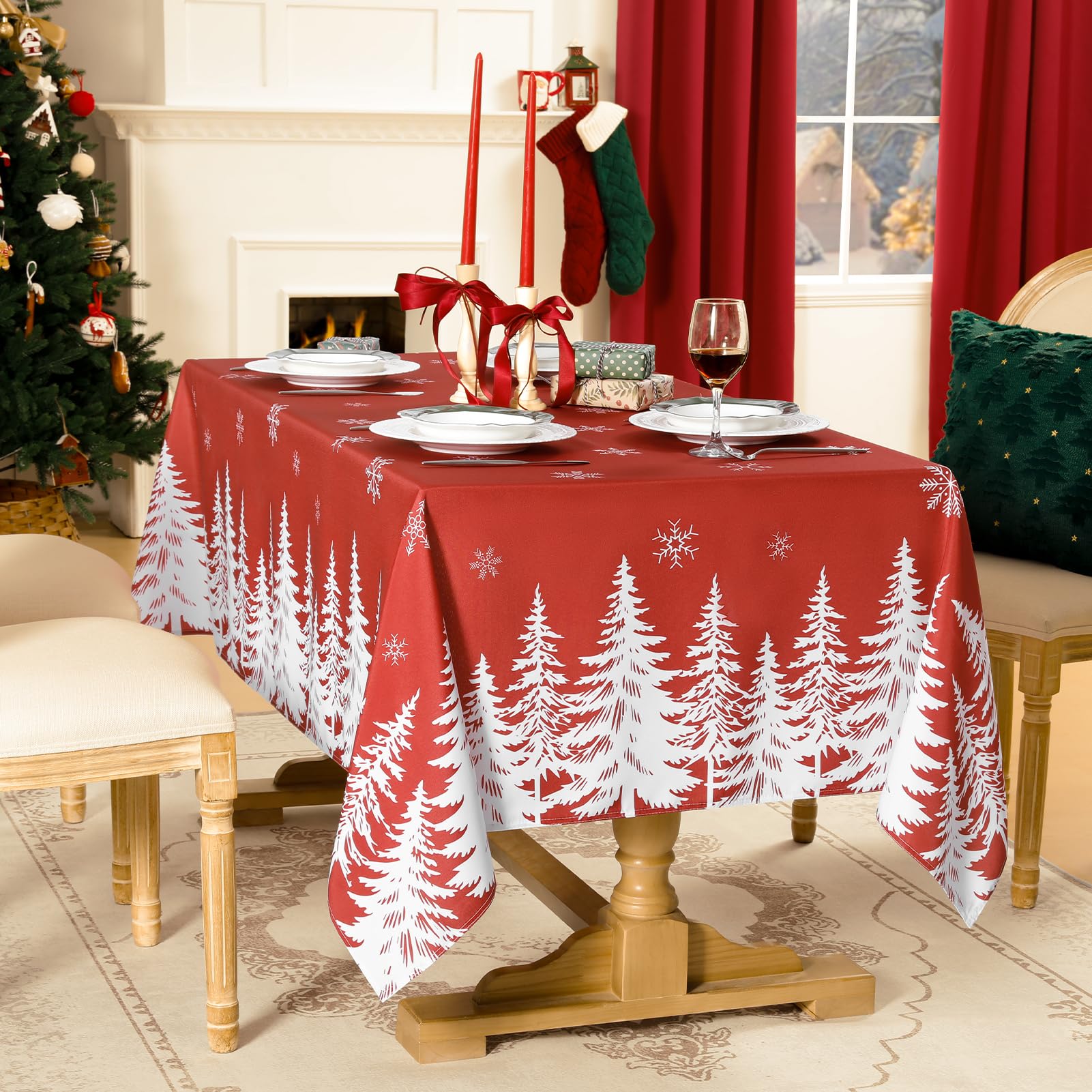 Softalker Kersttafelkleed, rechthoekig, 140 x 240 cm, rood, grote tafelkleden, 12 plaatsen, vuilafstotend, met elegante witte sneeuwvlokken en kerstboom, ideaal voor oudejaarsavond, keuken, outdoor