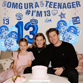 13th Birthday Decorations Balloons Boys - 27 Pcs Blue Glitter Omg Ur A Teenager Happy Birthday Banner Garland Number 13 Foil Balloons Hanging Swirls For 13 Year Old Official Teenager Party Supplies