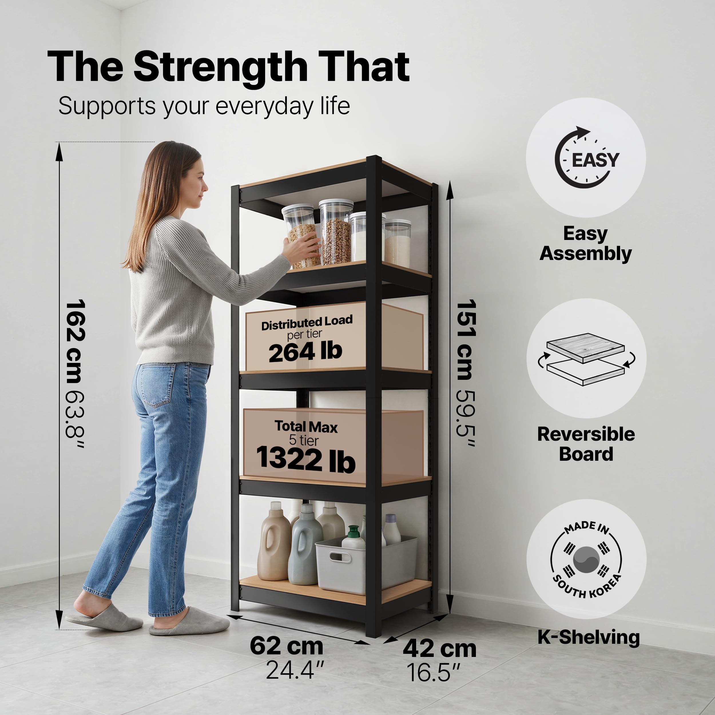 HOMEDANT House Garagenregal, 62 cm breit, 5 Etagen, verstellbar, Metallregal, Lagerregale, Standregal, Organizer, Speisekammer, Schrank, Büro, Schwarz, 1 Stück