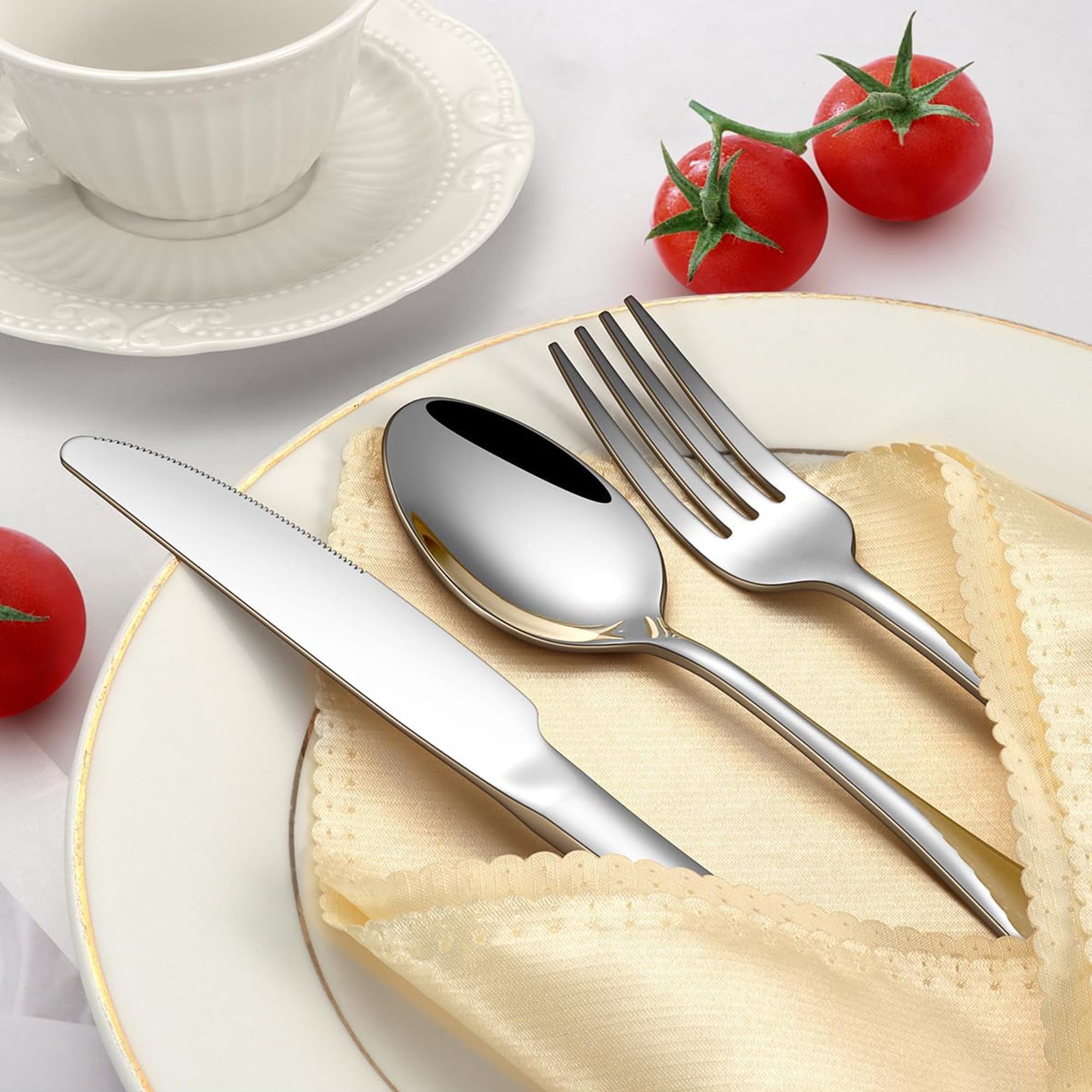 Juego de cubiertos de plata, 24 piezas de acero inoxidable pulido espejo, juego de utensilios de cocina para 6 personas, vajilla para el hogar y el restaurante con caja de regalo