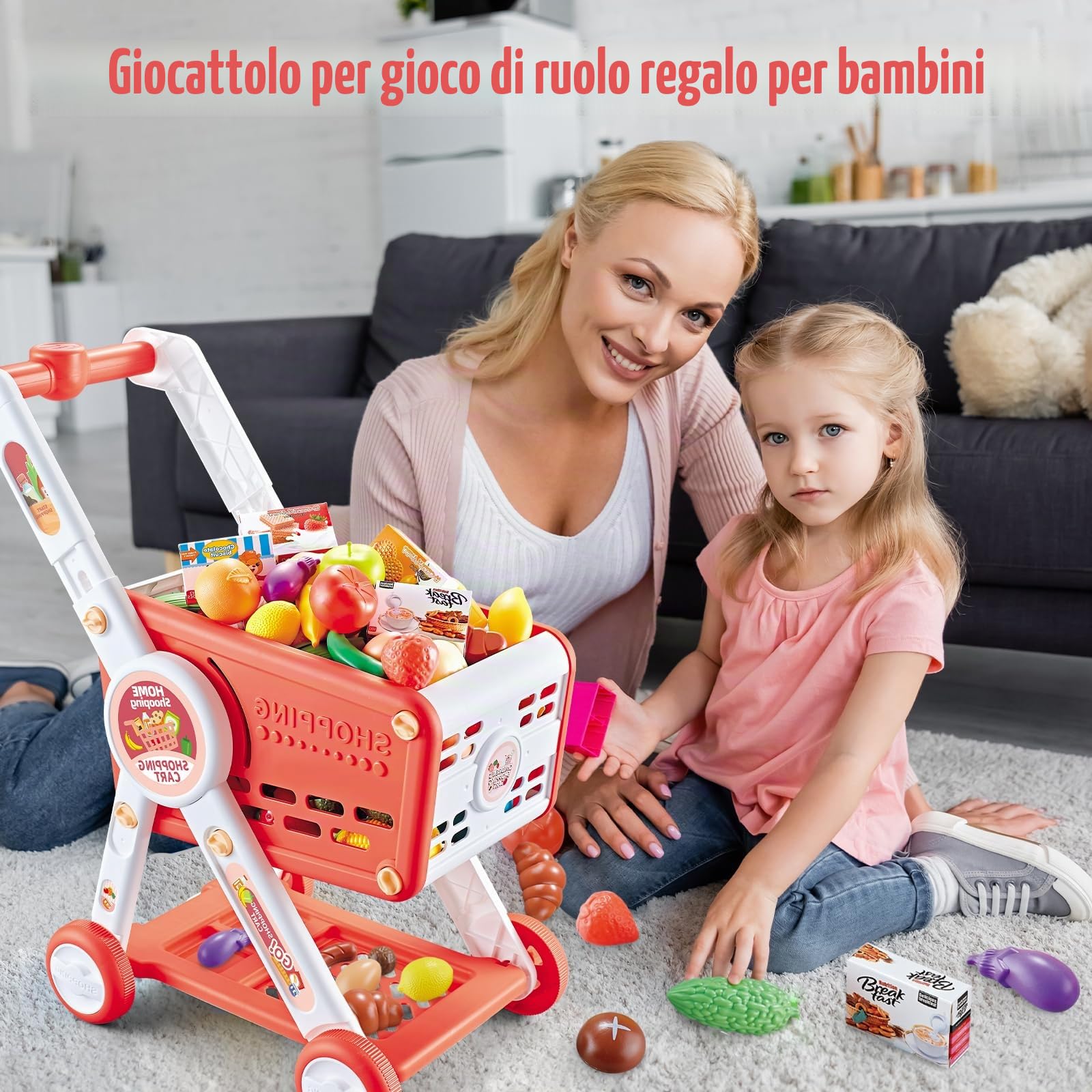 Carrello Spesa Giocattolo Bambini, 31PCS Supermercato Carrello Spesa con Accessori Alimenti Frutta Verdura , Gioco di Ruolo Cestino della Spesa Giochi del Negozio per Ragazzi Ragazze (Rosso)