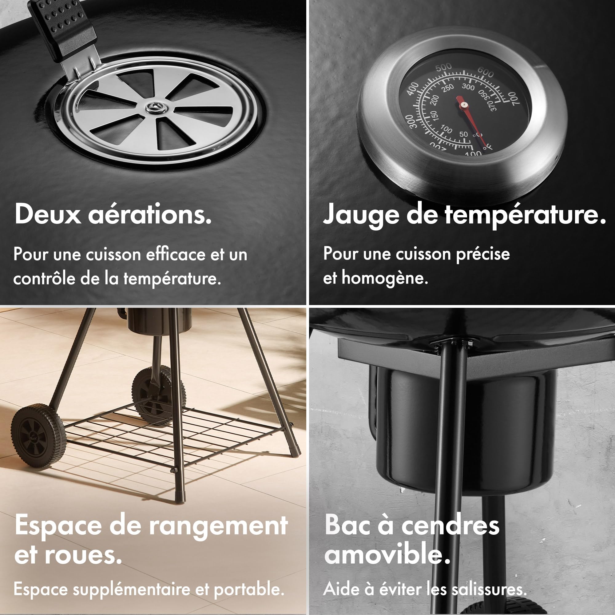 VonHaus Barbecue au Charbon 22.5" – Barbecue Portable avec Grille de Maintien au Chaud, Thermomètre, Étagère, Roues, Couvercle Verrouillable, Bac à Cendres et Grande Grille pour Viande et Légumes