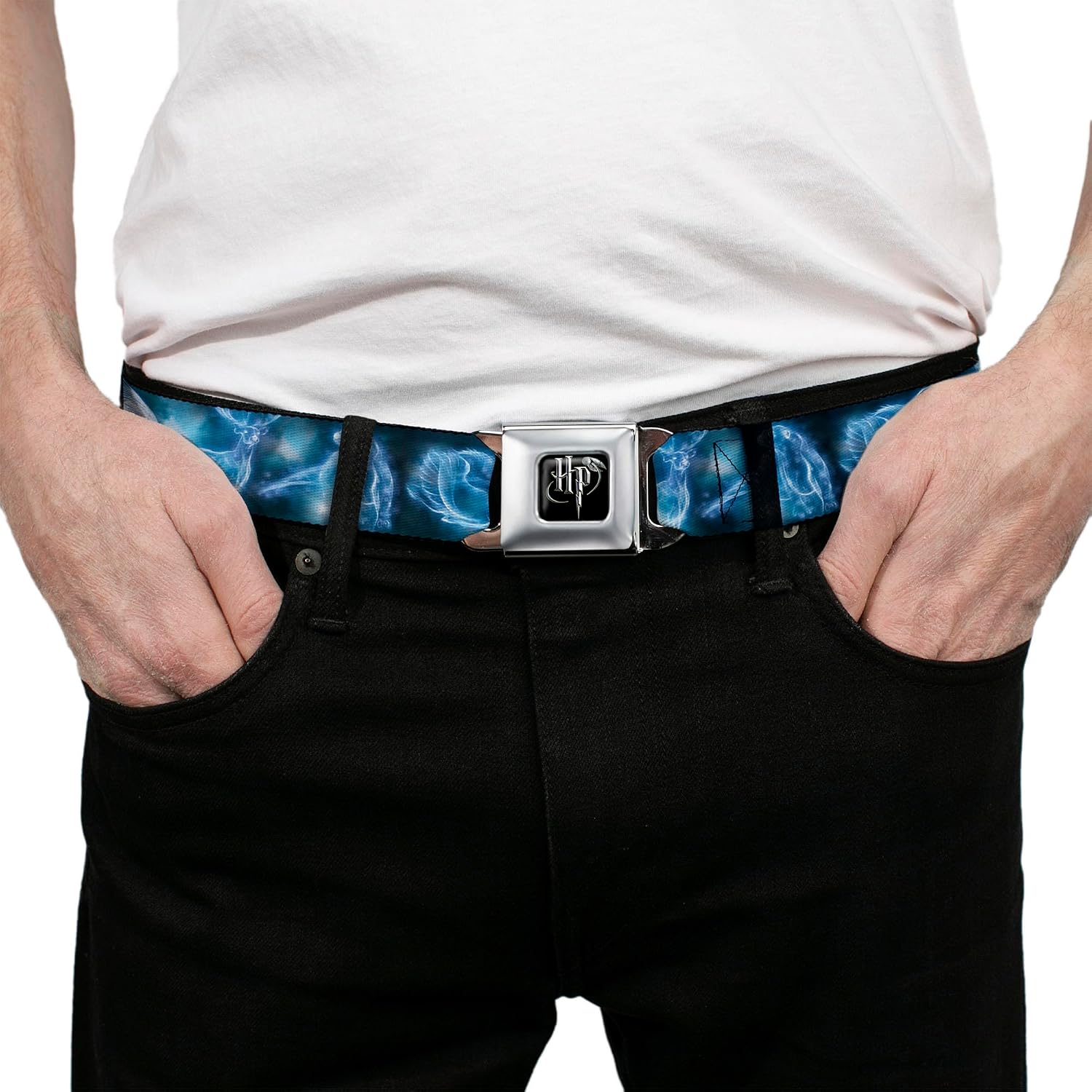 Buckle-Down Seatbelt Belt - Harry Potter Animal Spirits Black/Blue - 1.0" Wide - 20-36 Inches in Length