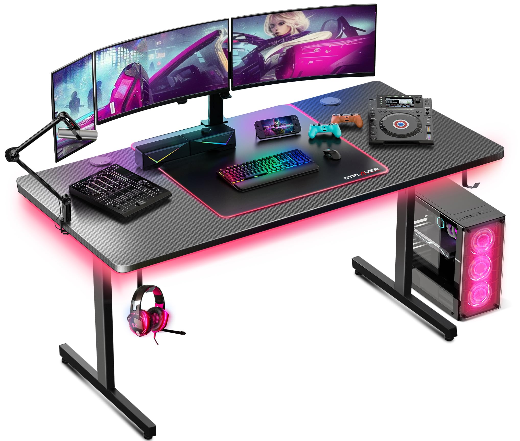 Bureau Gaming Table Gizmo Ordinateur LED Lumières - Support pour Casque