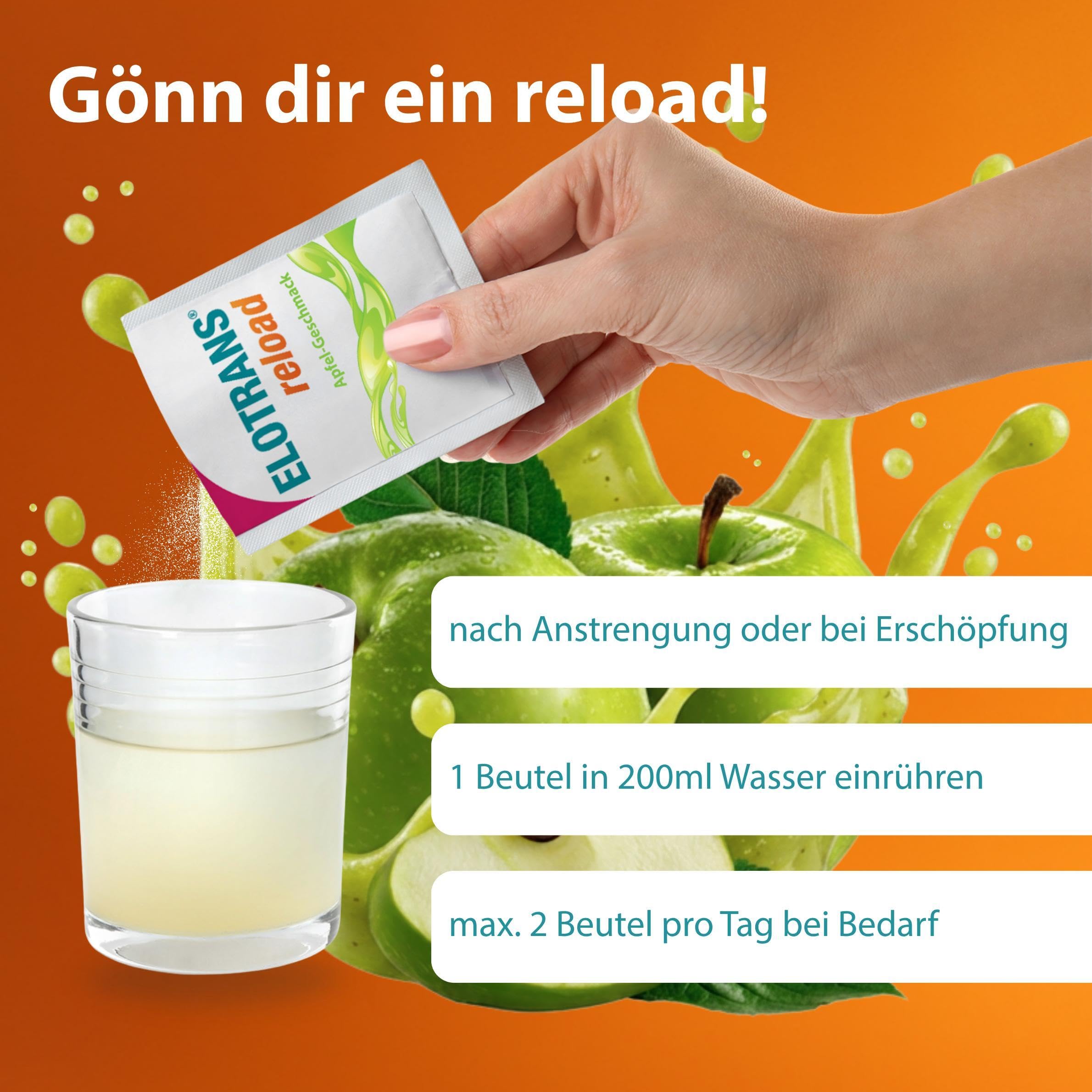 ELOTRANS reload - isotonische Elektrolyt-Glucose-Mischung - Nahrungsergänzungsmittel mit Magnesium, Kaliumchlorid, Cholin und B-Vitaminen - 1 x 15 Beutel - Apfel-Geschmack